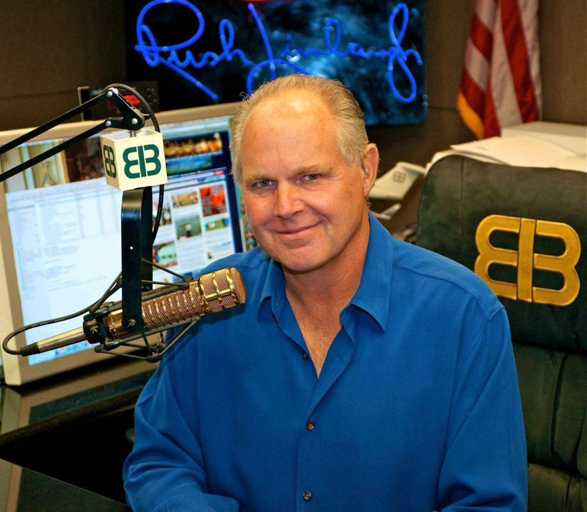 Rush Limbaugh, blue shirt, radio studio, Full HD Desktop Wallpaper