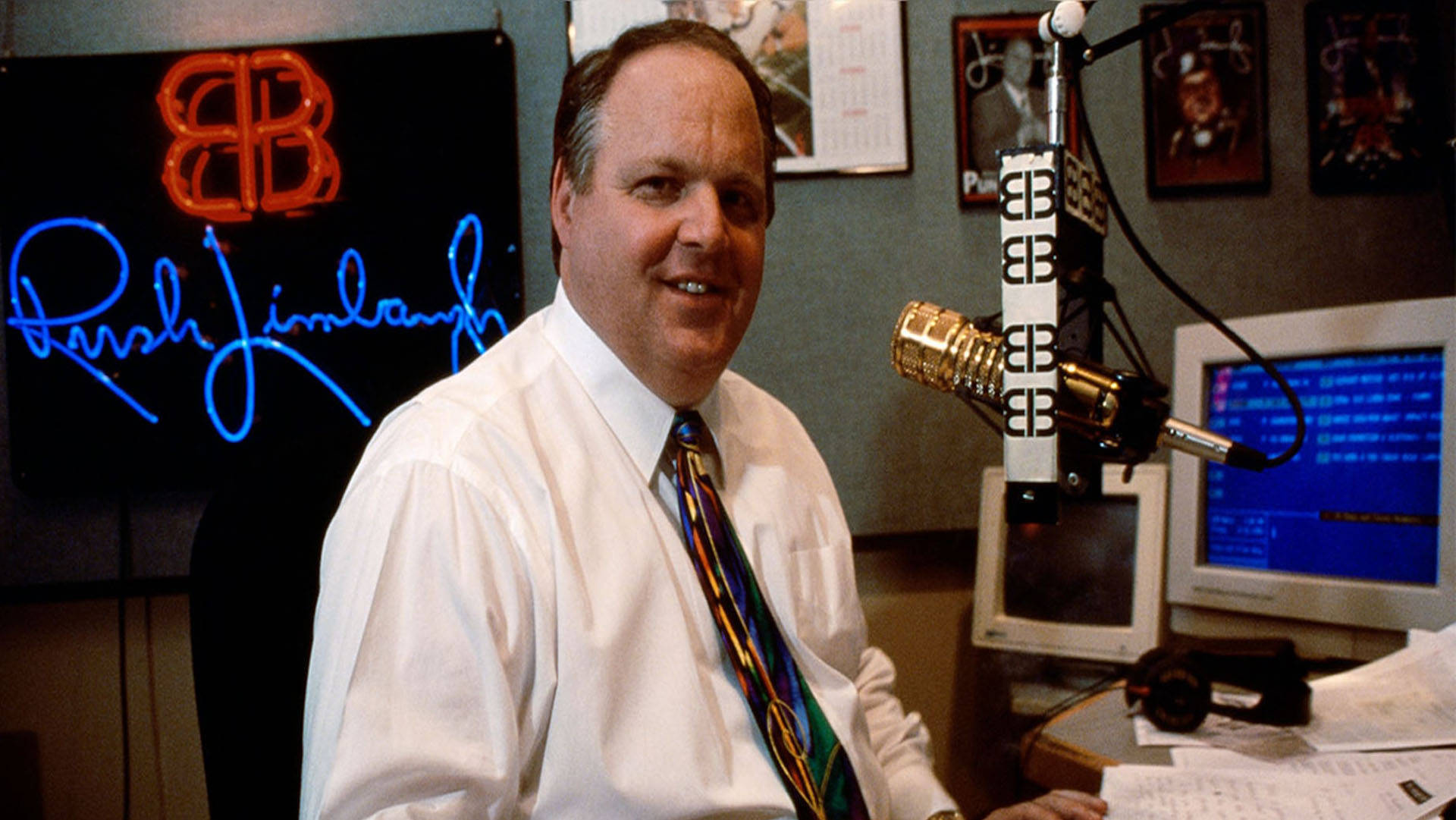 Rush Limbaugh, studio, white shirt, Full HD Desktop Wallpaper