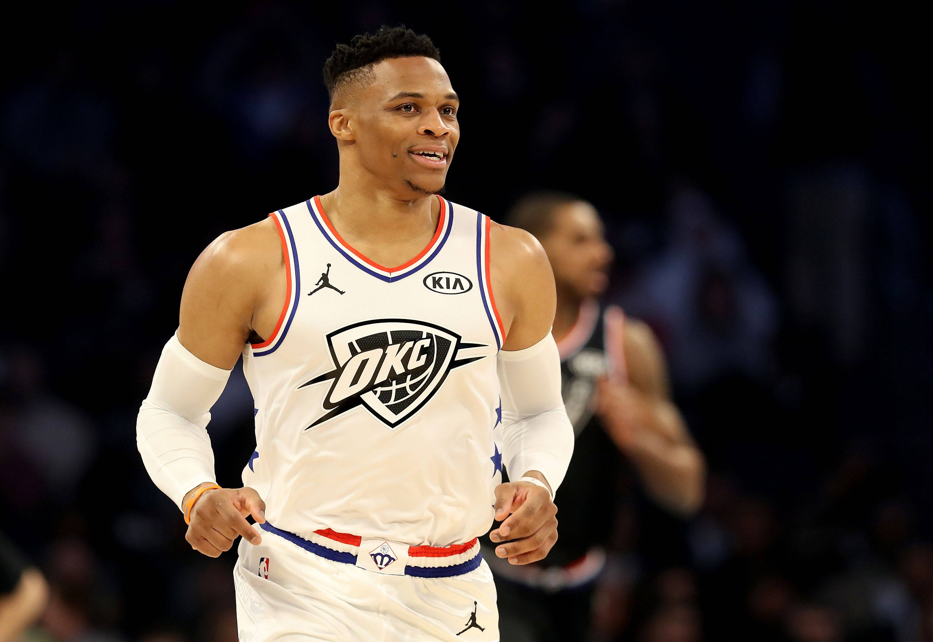 Russell Westbrook, white OKC jersey, basketball player, 2K Desktop Wallpaper