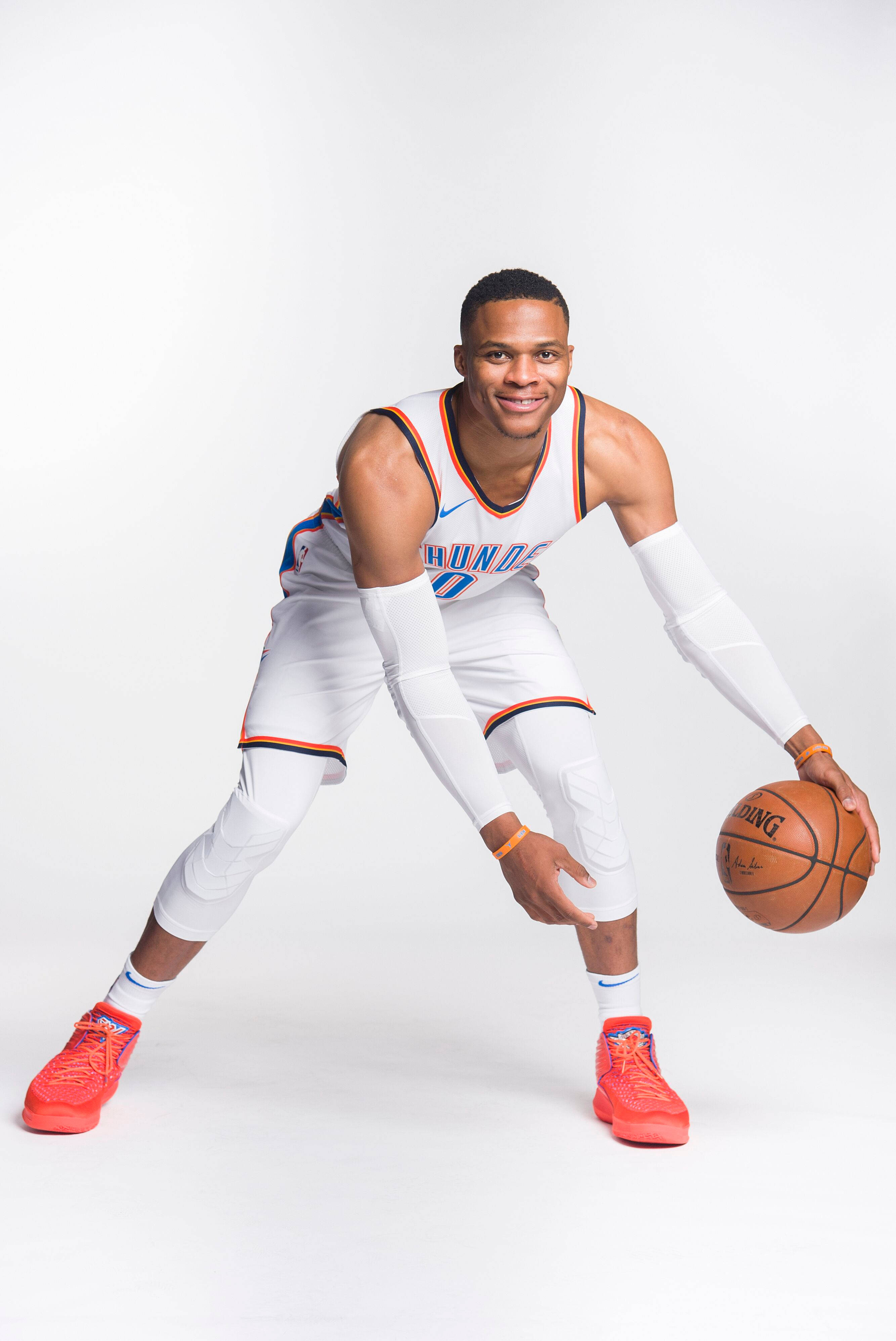 Russell Westbrook, dribbling ball, white and orange uniform, 4K Phone Wallpaper