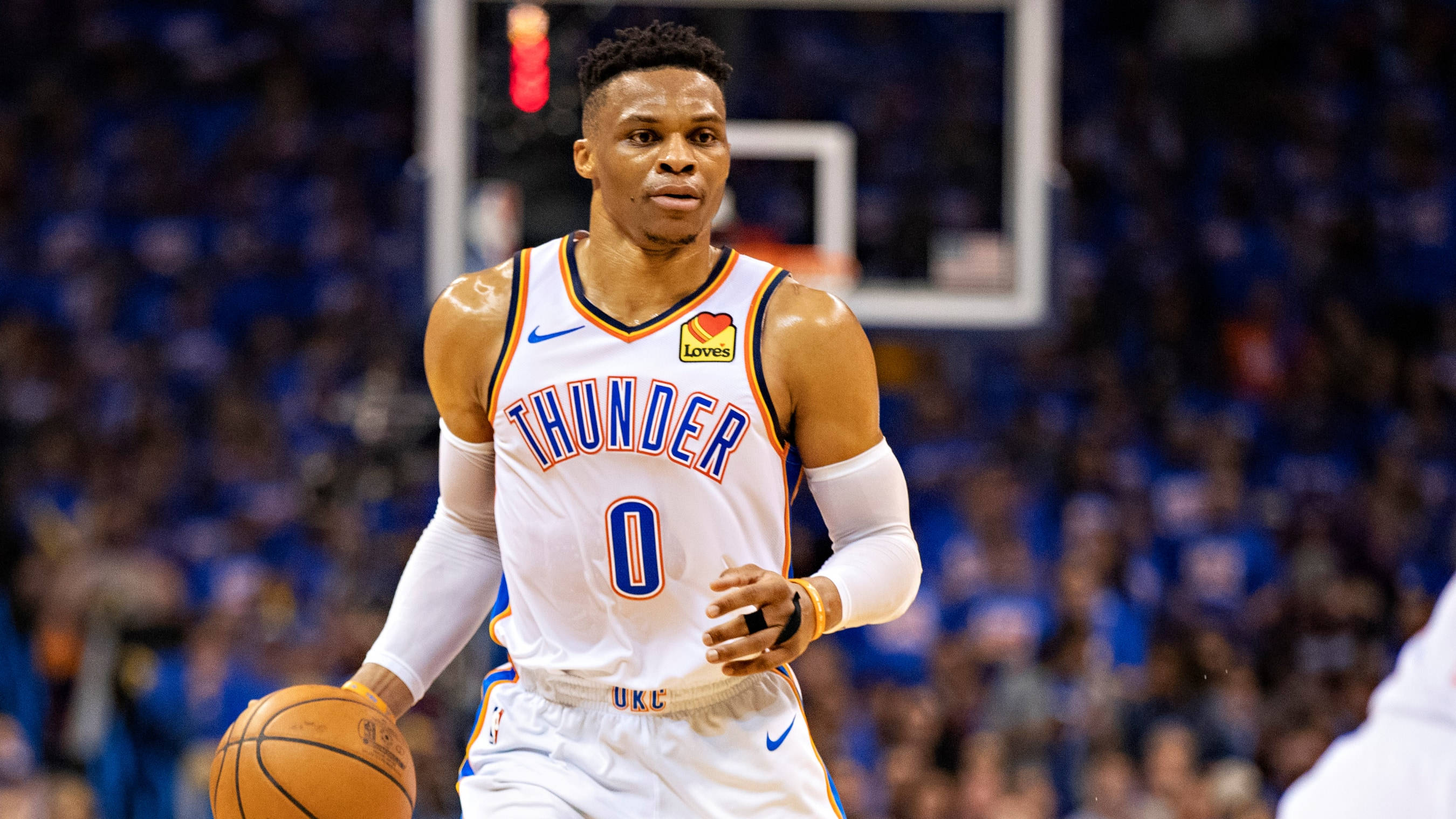 Russell Westbrook, white Thunder jersey, bright arena lights, 2K Desktop Wallpaper