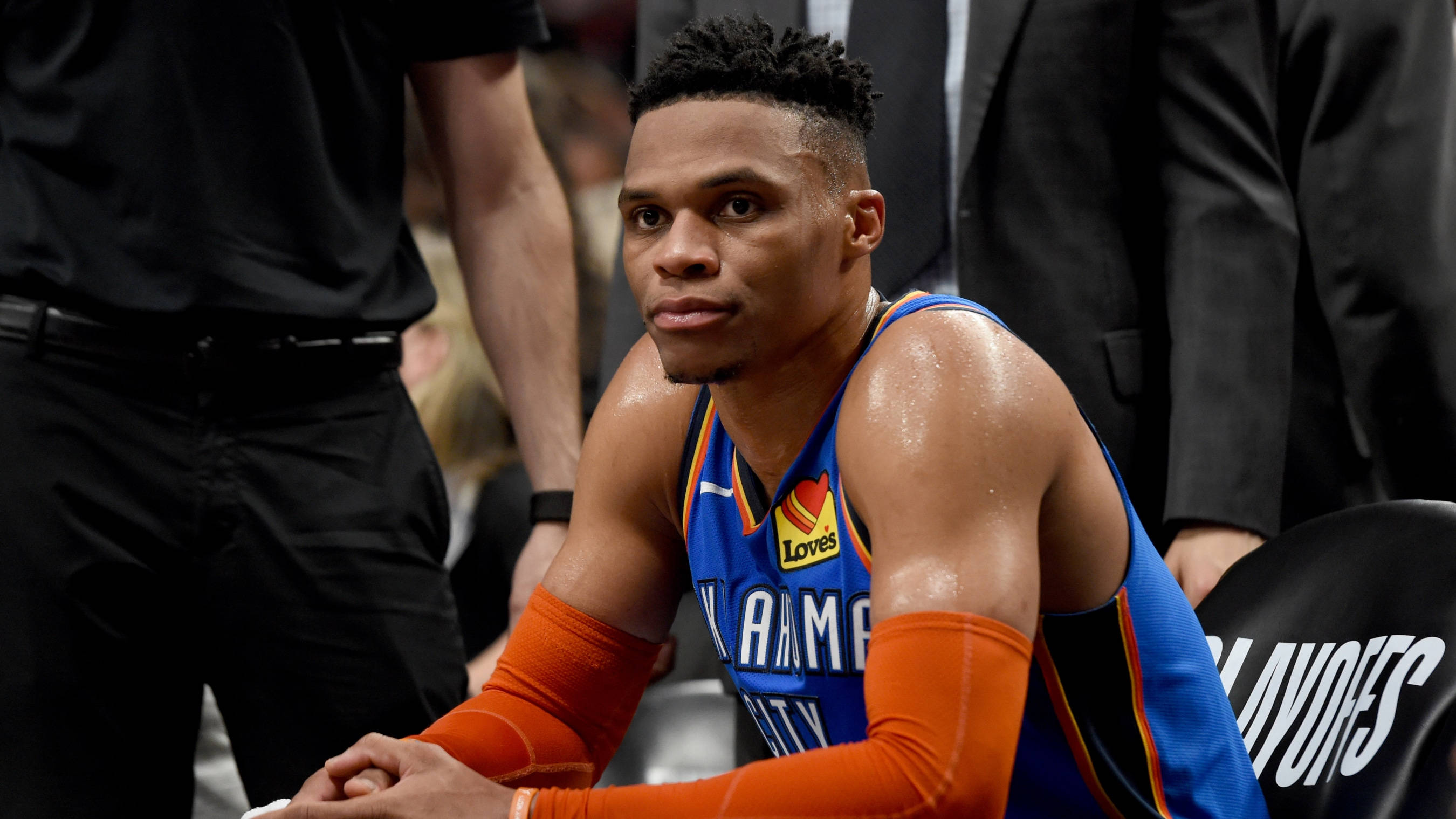 Russell Westbrook, blue and orange jersey, bench, 2K Desktop Wallpaper