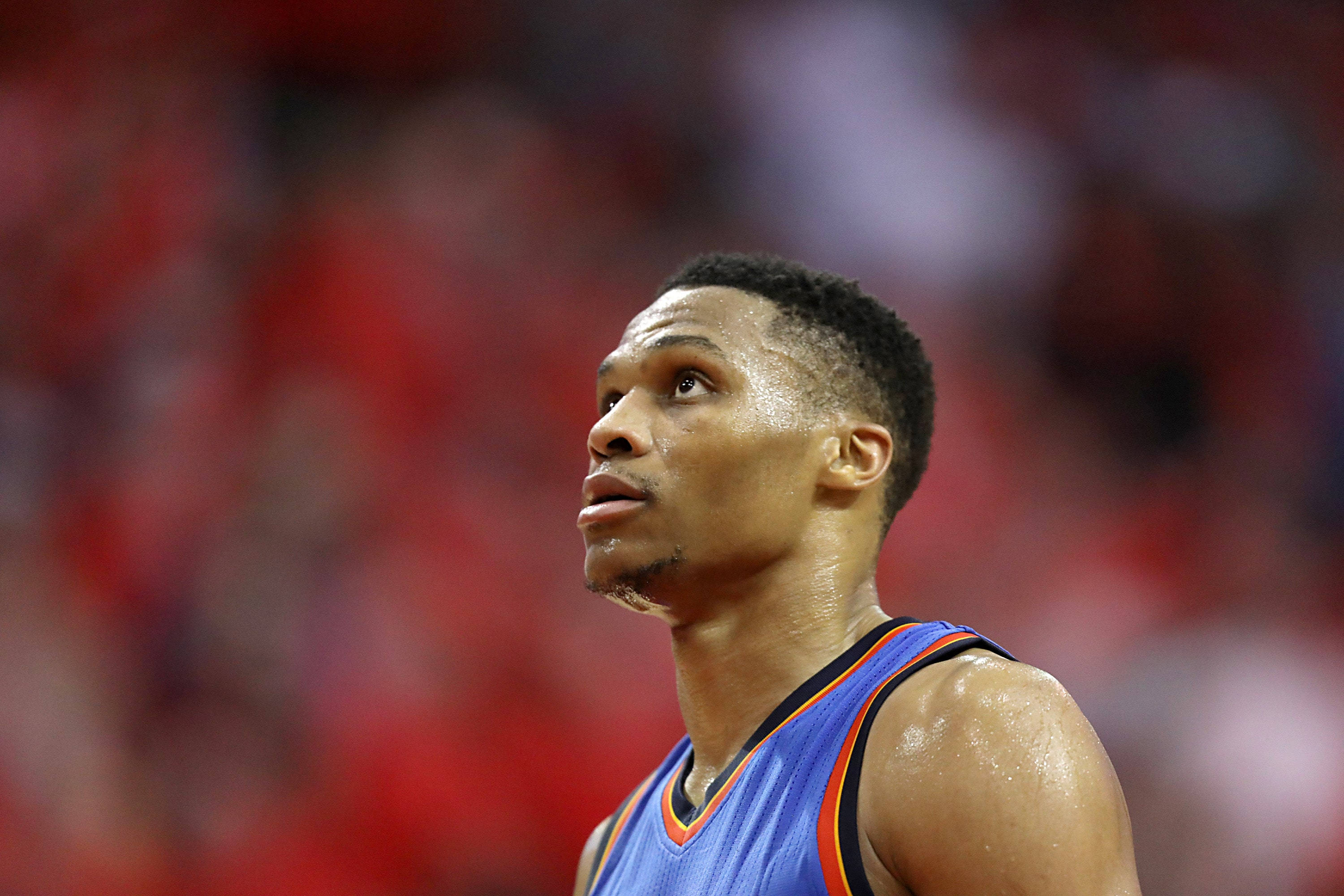 Russell Westbrook, blue jersey, stadium, 2K Desktop Wallpaper