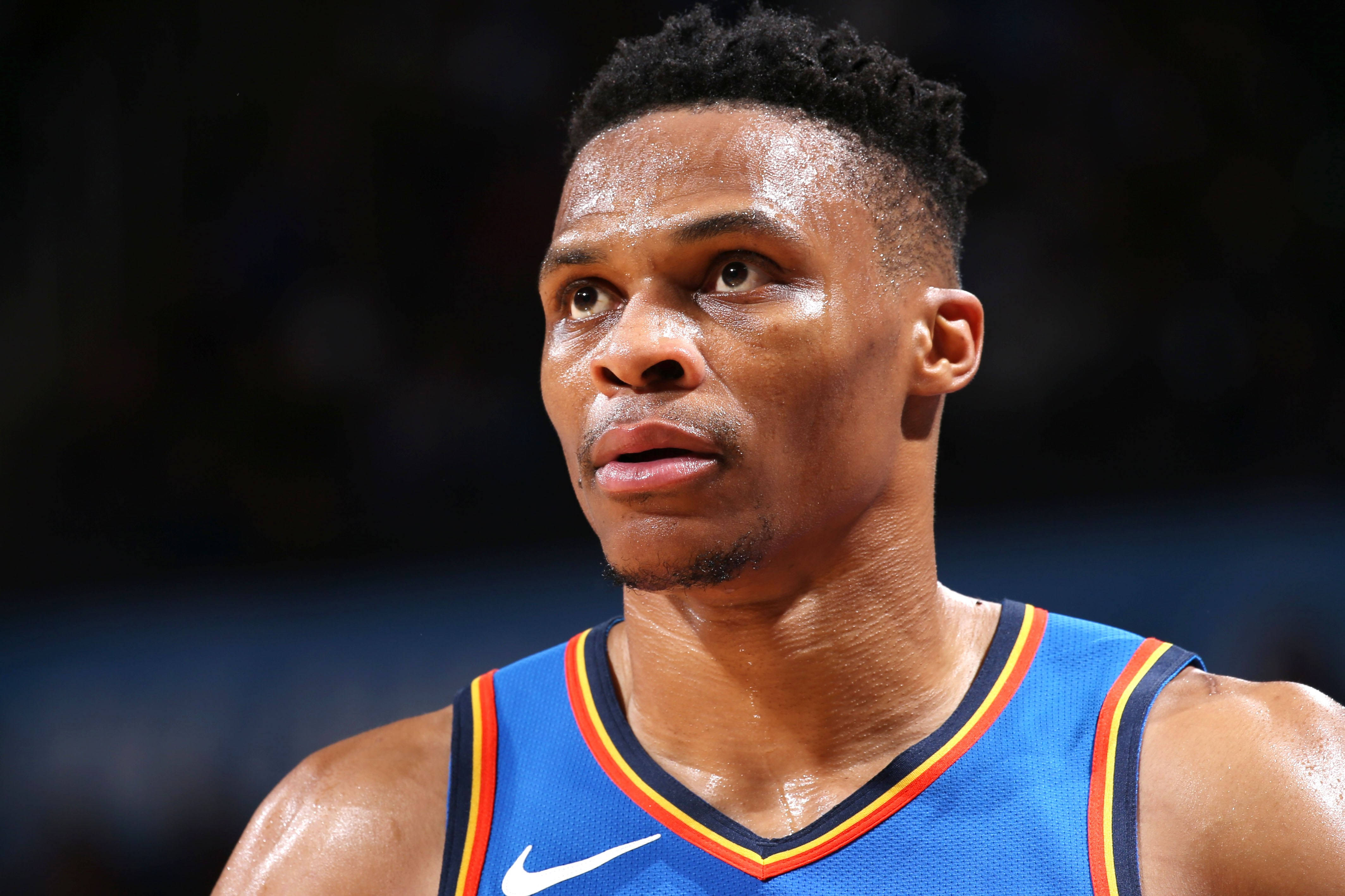 Russell Westbrook, blue jersey, sweaty basketball player, 4K Desktop Wallpaper