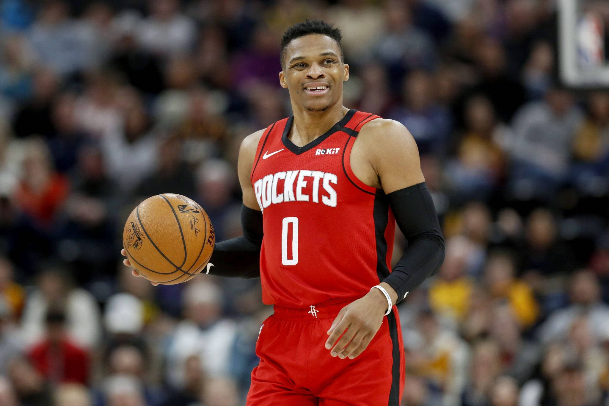 Russell Westbrook, red Rockets jersey, basketball player, Full HD Desktop Wallpaper
