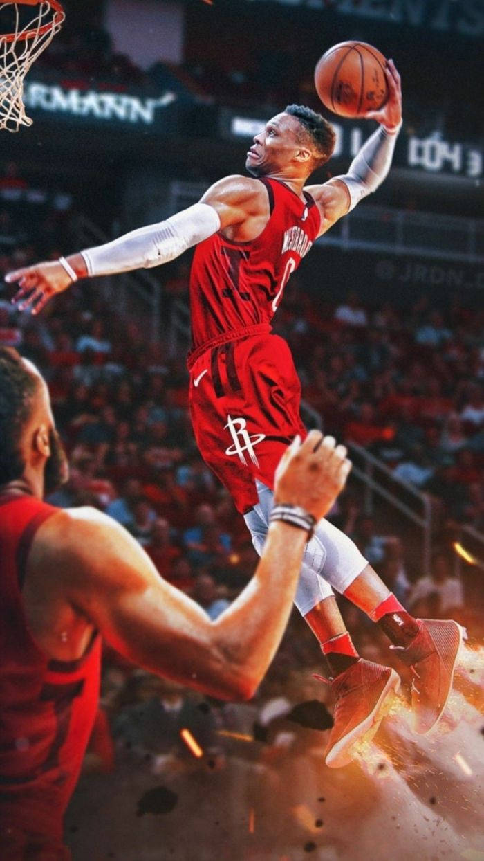 Russell Westbrook, red jersey, dunk, SD Phone Wallpaper