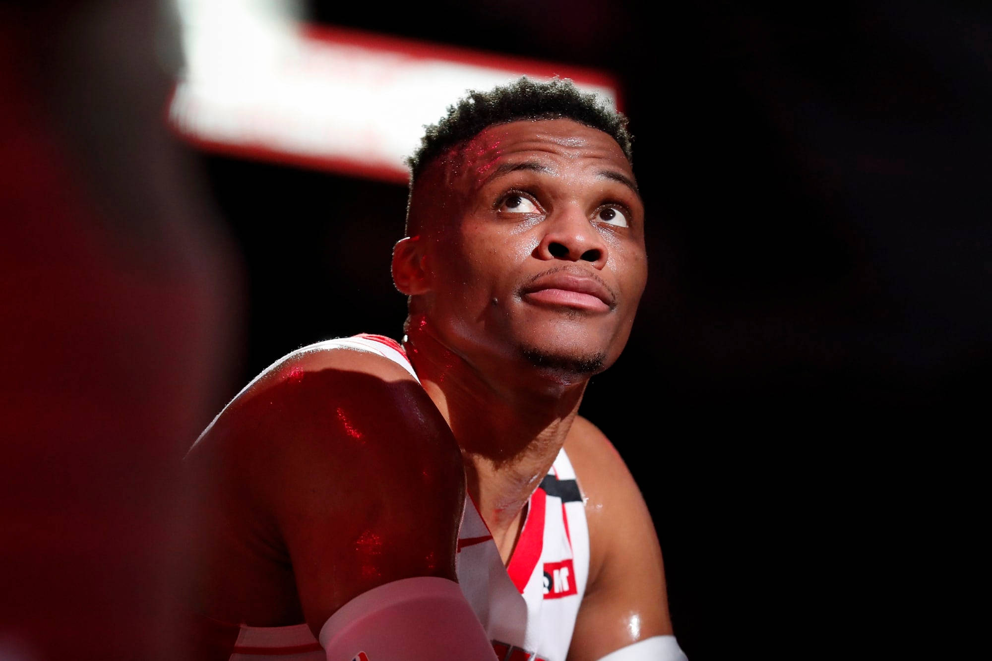Russell Westbrook, red and white jersey, bright arena lights, Full HD Desktop Wallpaper
