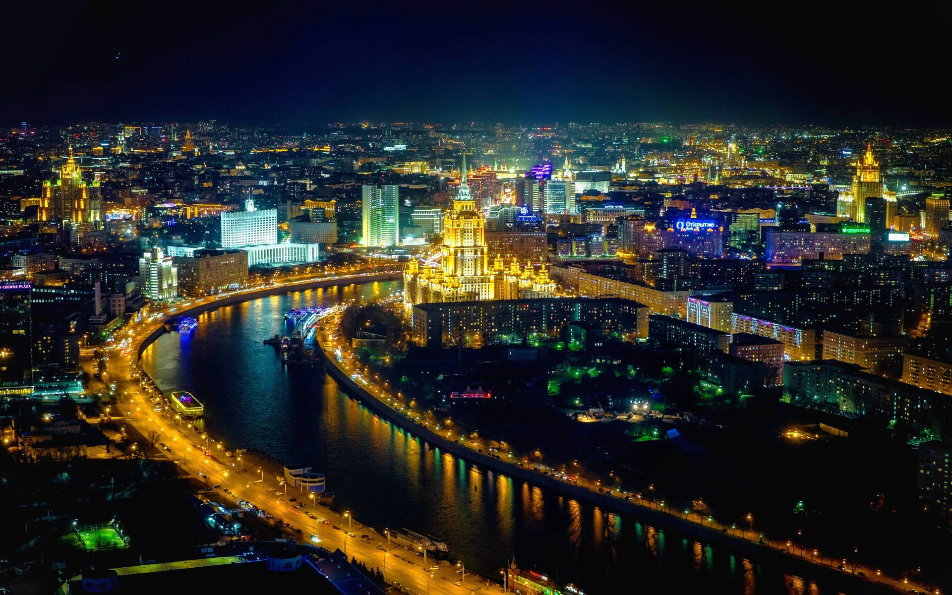 Russia, Aerial night view, glowing river, Full HD Desktop Wallpaper