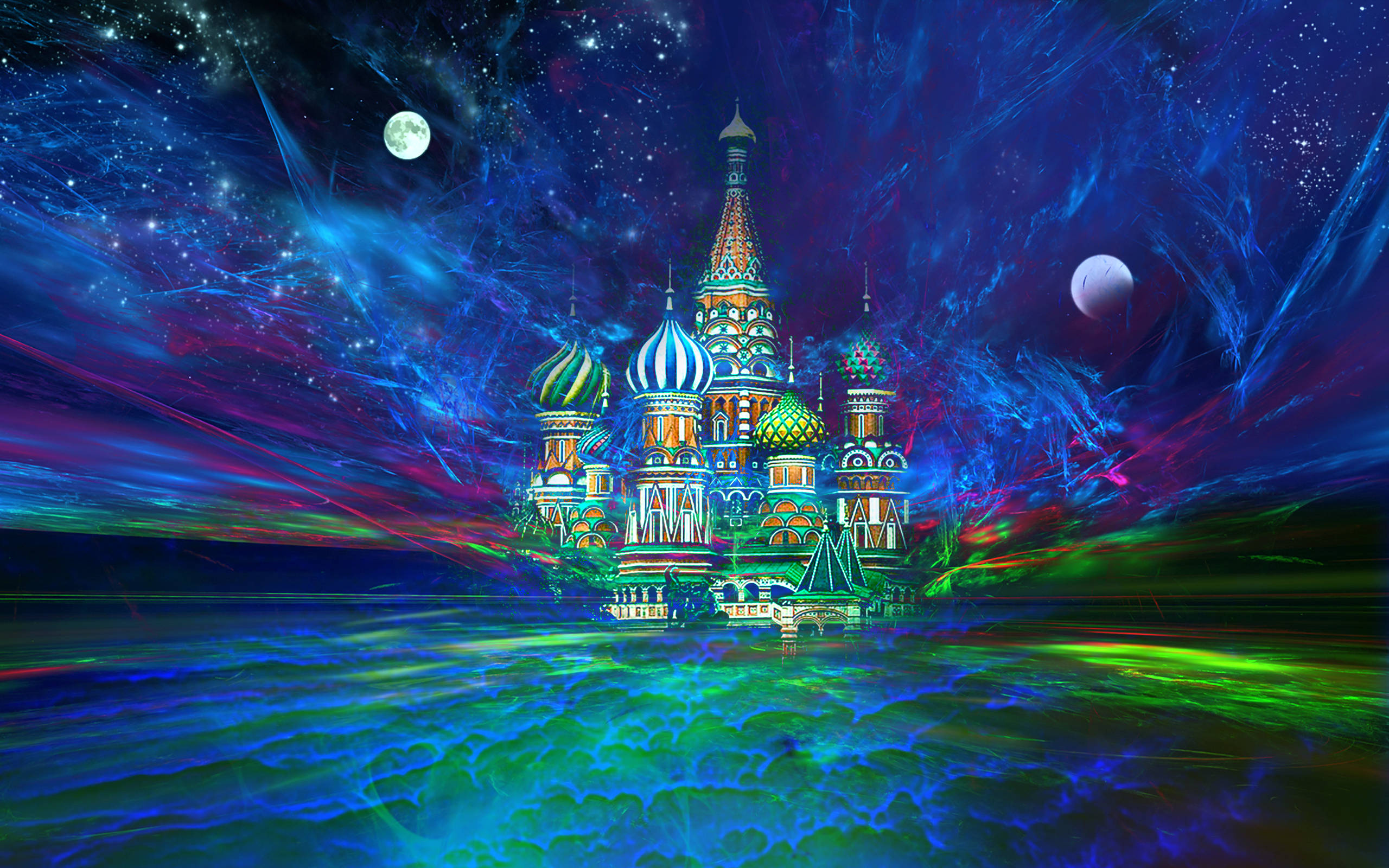 cathedral in russia, colorful domes, glowing water, 2K Desktop Wallpaper