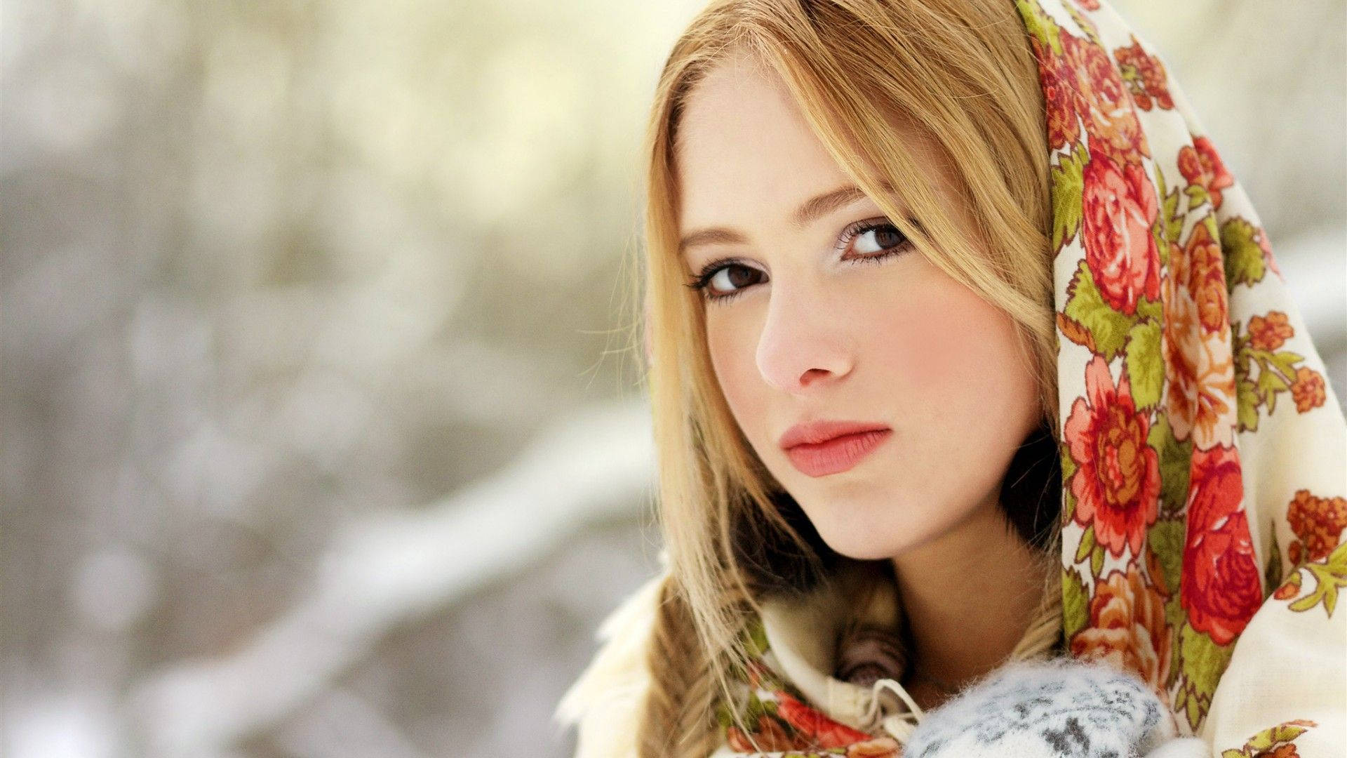 Russian Girl, head scarf, floral scarf, Full HD Desktop Wallpaper
