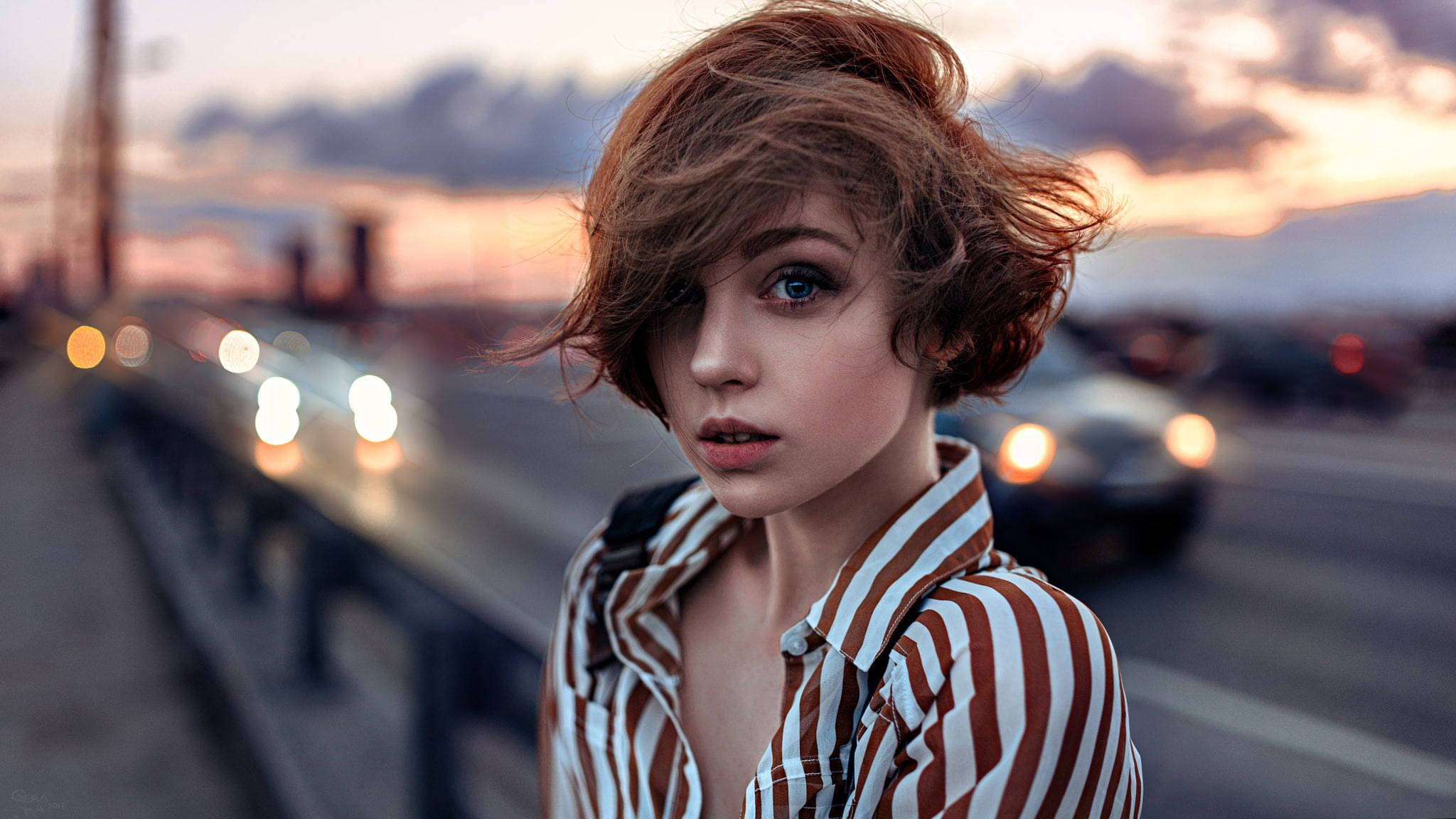 Russian Girl, short hair, highway, Full HD Desktop Wallpaper