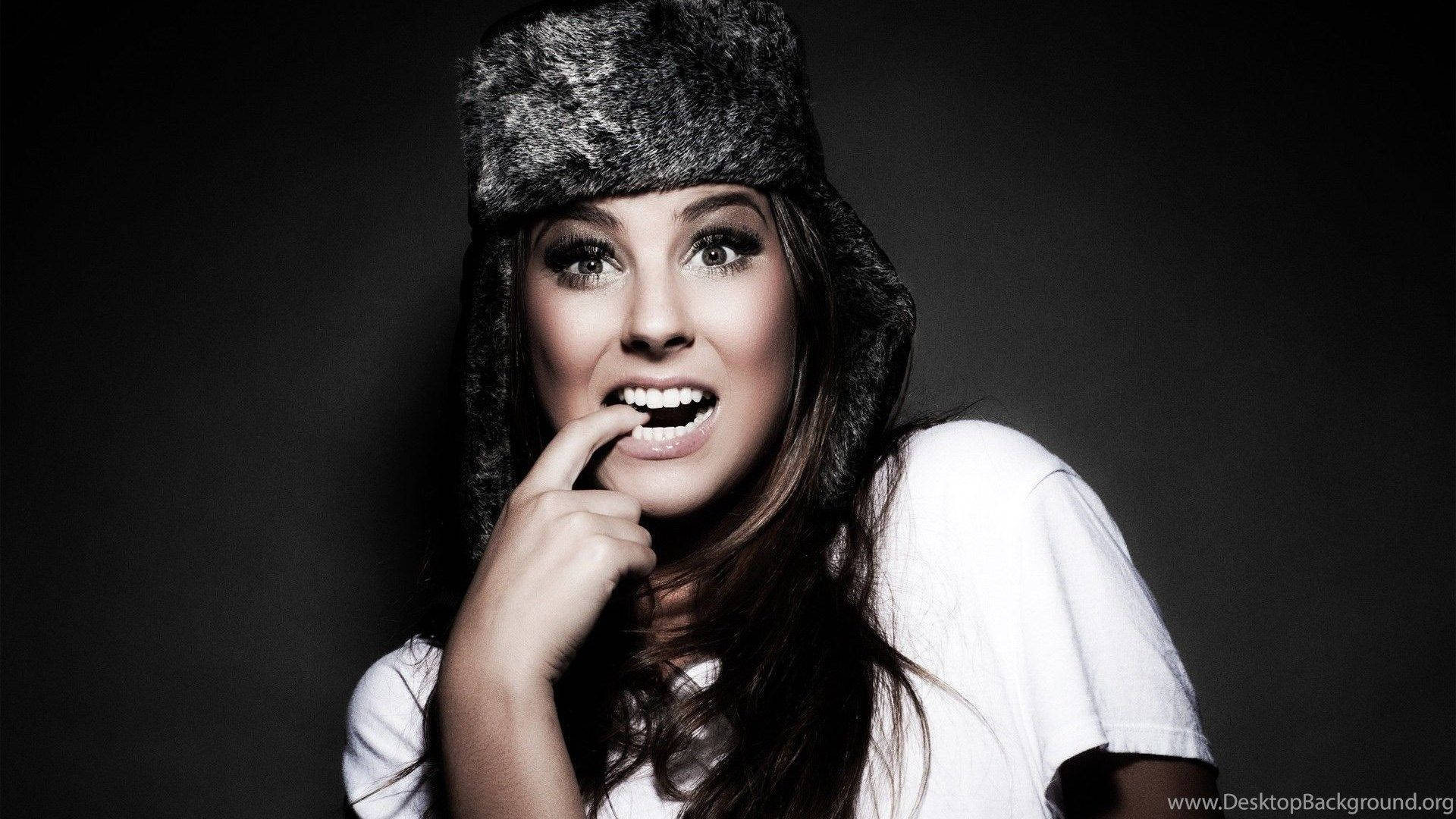 Russian Girl, fur hat, dark studio background, Full HD Desktop Wallpaper