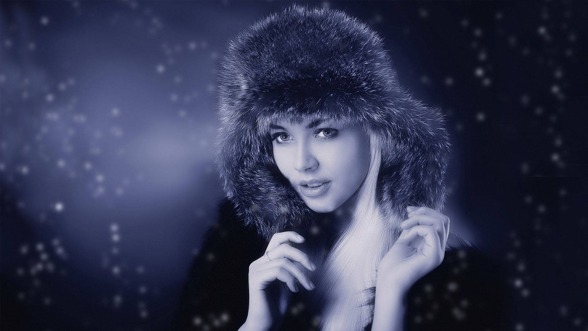 Russian Girl, fluffy fur hat, snowy blue backdrop, Full HD Desktop Wallpaper