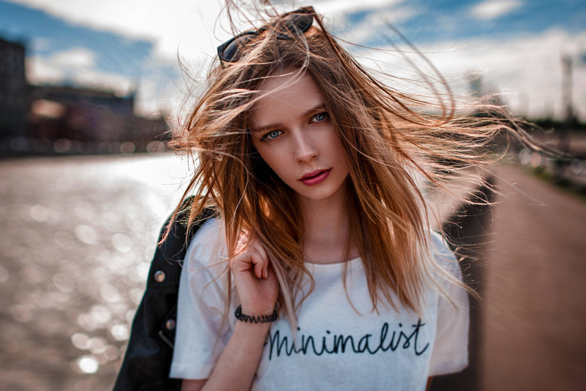 Russian Girl, minimalist shirt, river, Full HD Desktop Wallpaper