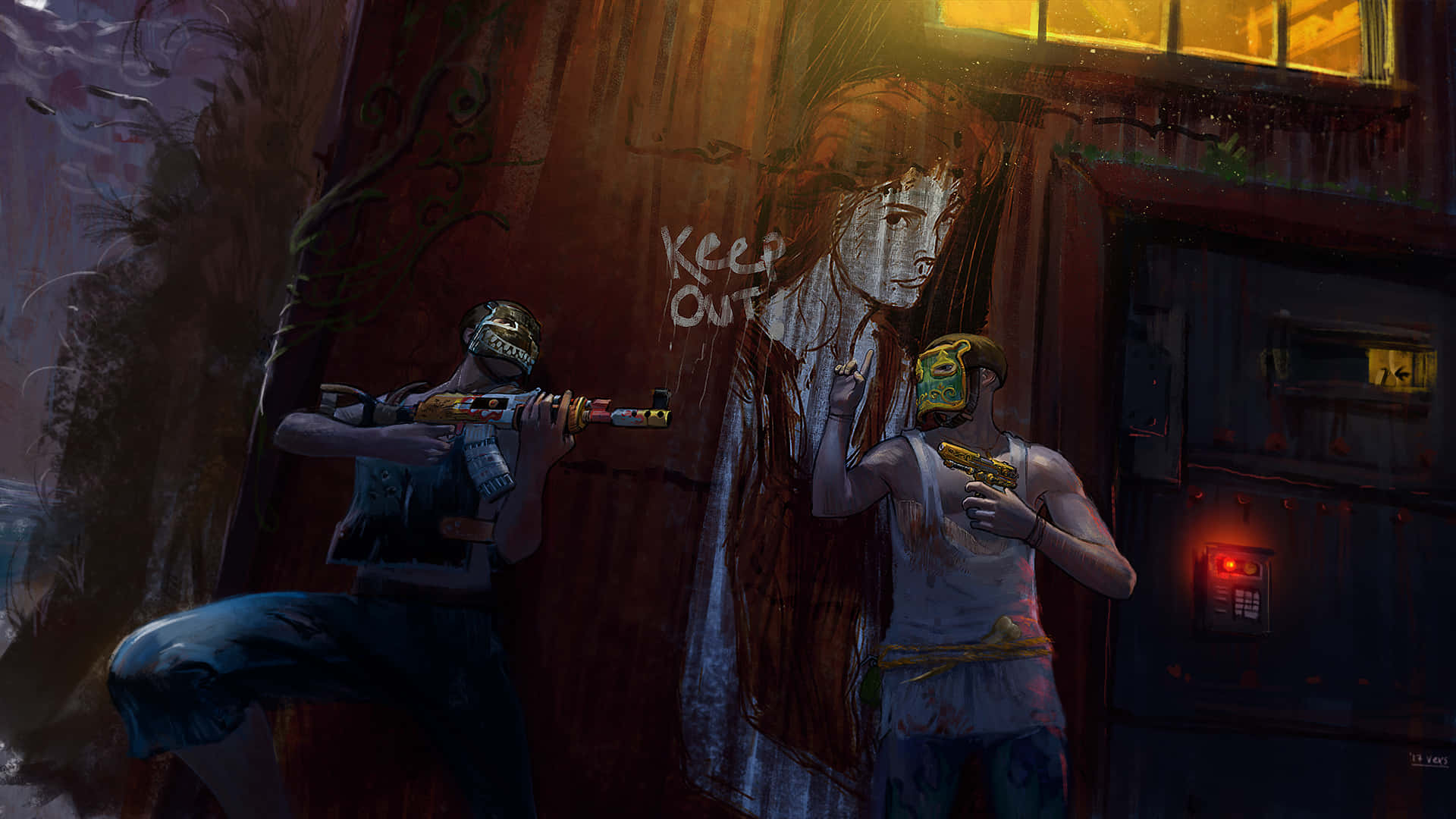 Rust Game, graffiti-covered wall, dim yellow light, Full HD Desktop Wallpaper