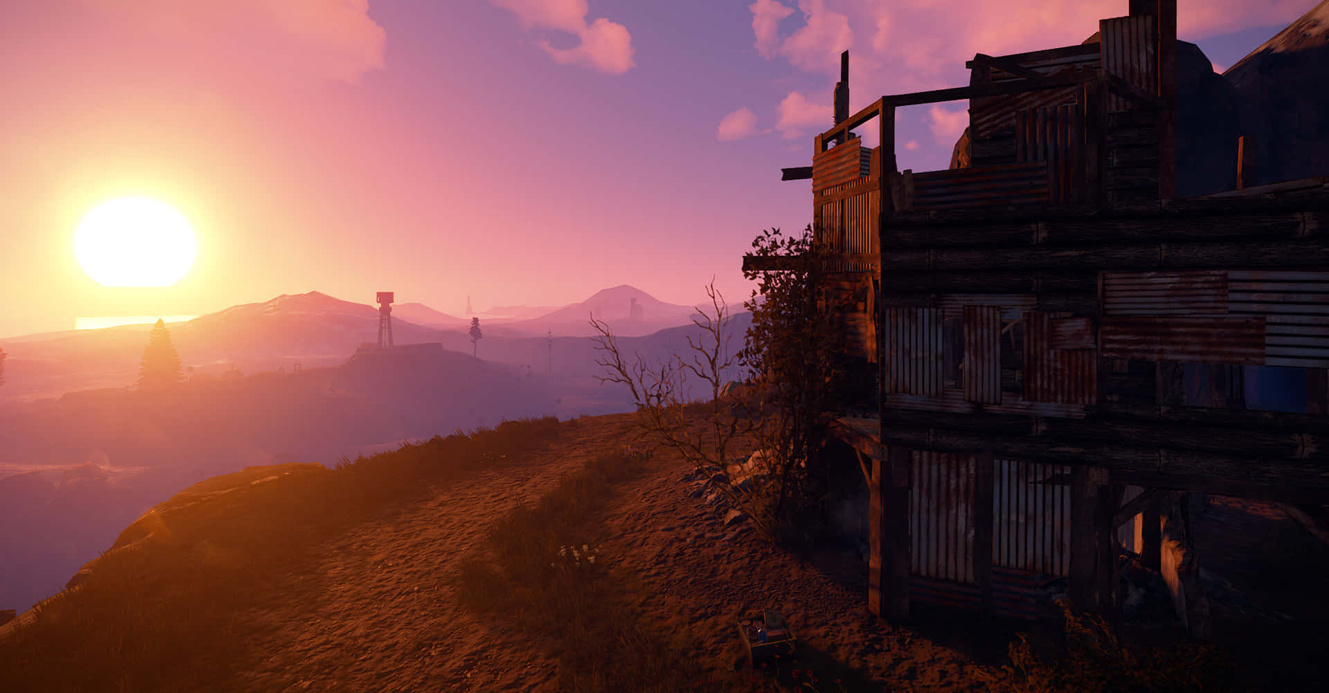 Rust Game, sunset, dilapidated wooden structure, Full HD Desktop Wallpaper