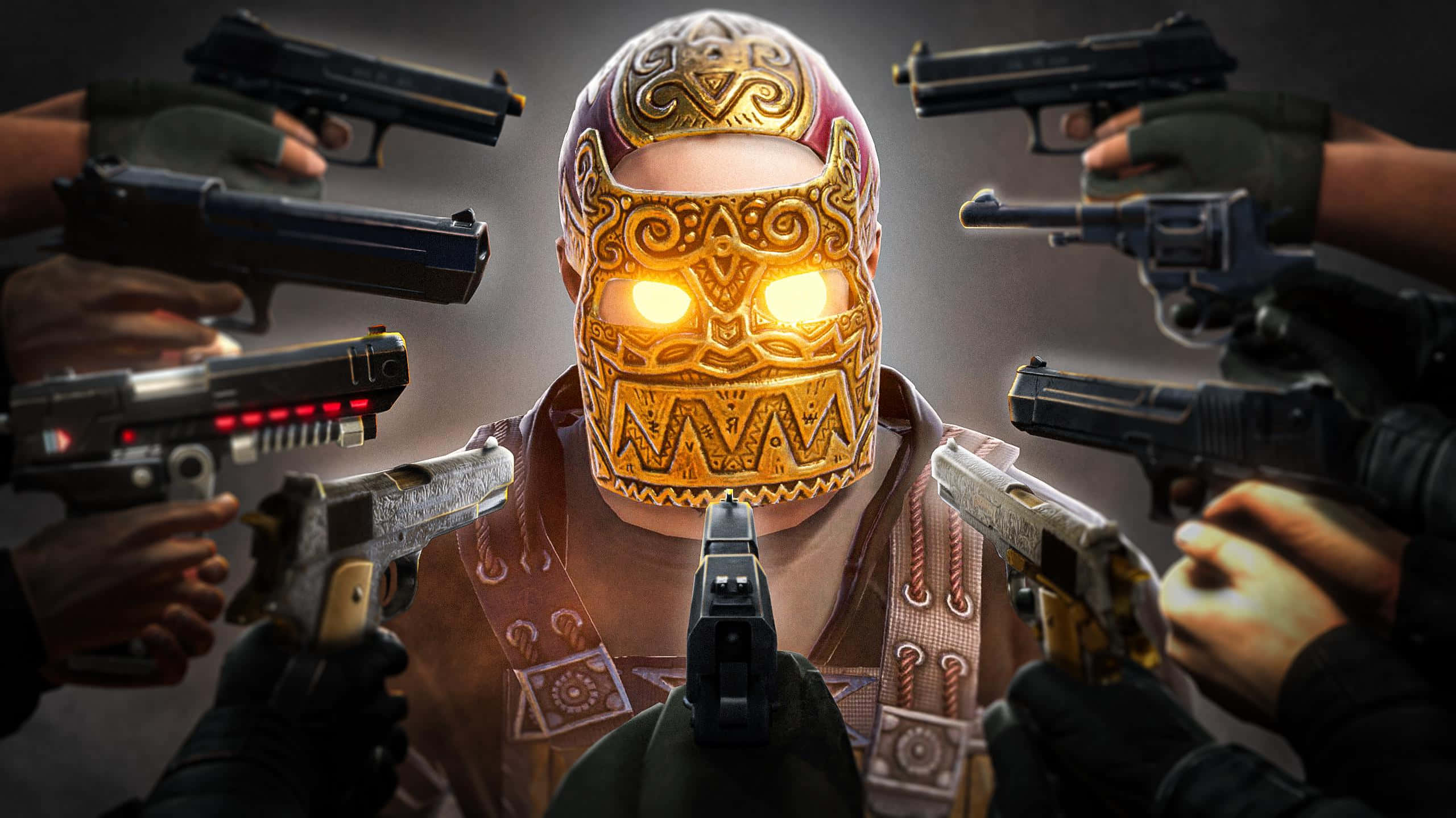 Rust Game, masked figure, glowing eyes, 2K Desktop Wallpaper