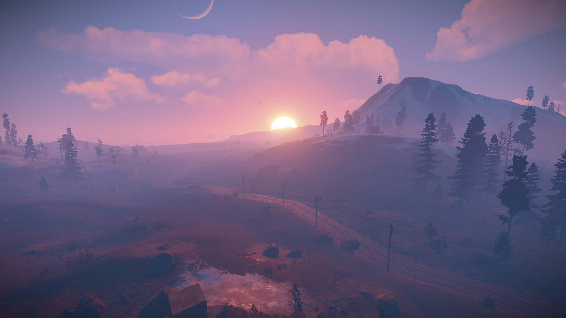 Rust Game, mountain valley, crescent moon, Full HD Desktop Wallpaper