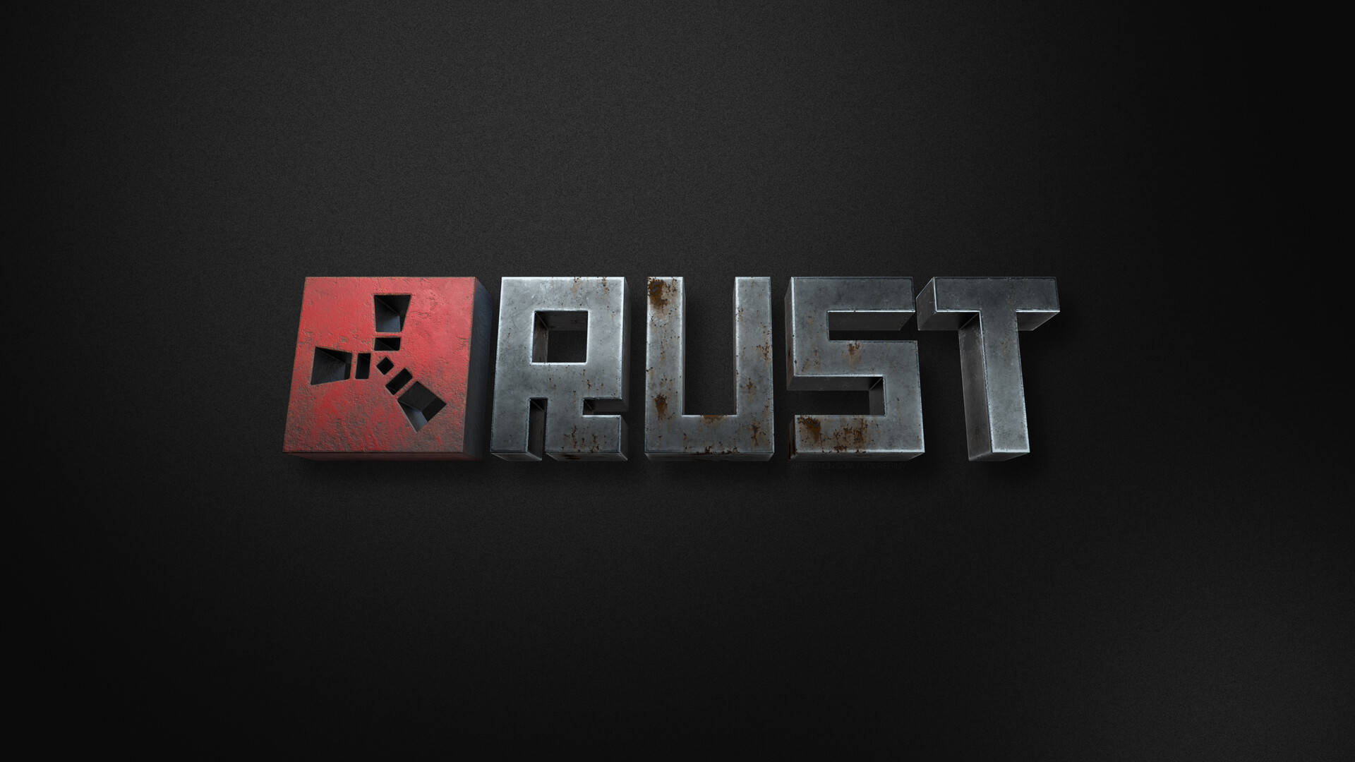 RUST, weathered metallic letters, red logo block, Full HD Desktop Wallpaper
