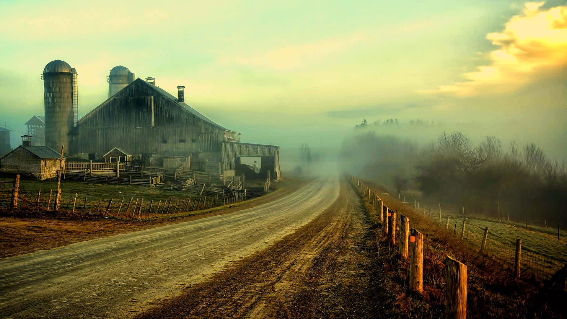 misty rural road, old wooden barn, silos, Full HD Desktop Wallpaper