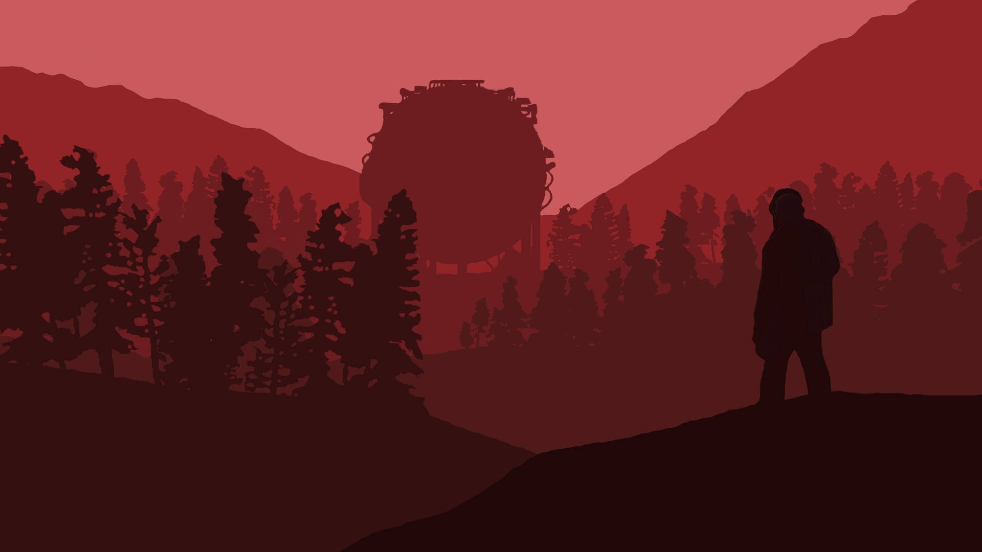 minimalist forest rust art, lone figure, hill, Full HD Desktop Wallpaper