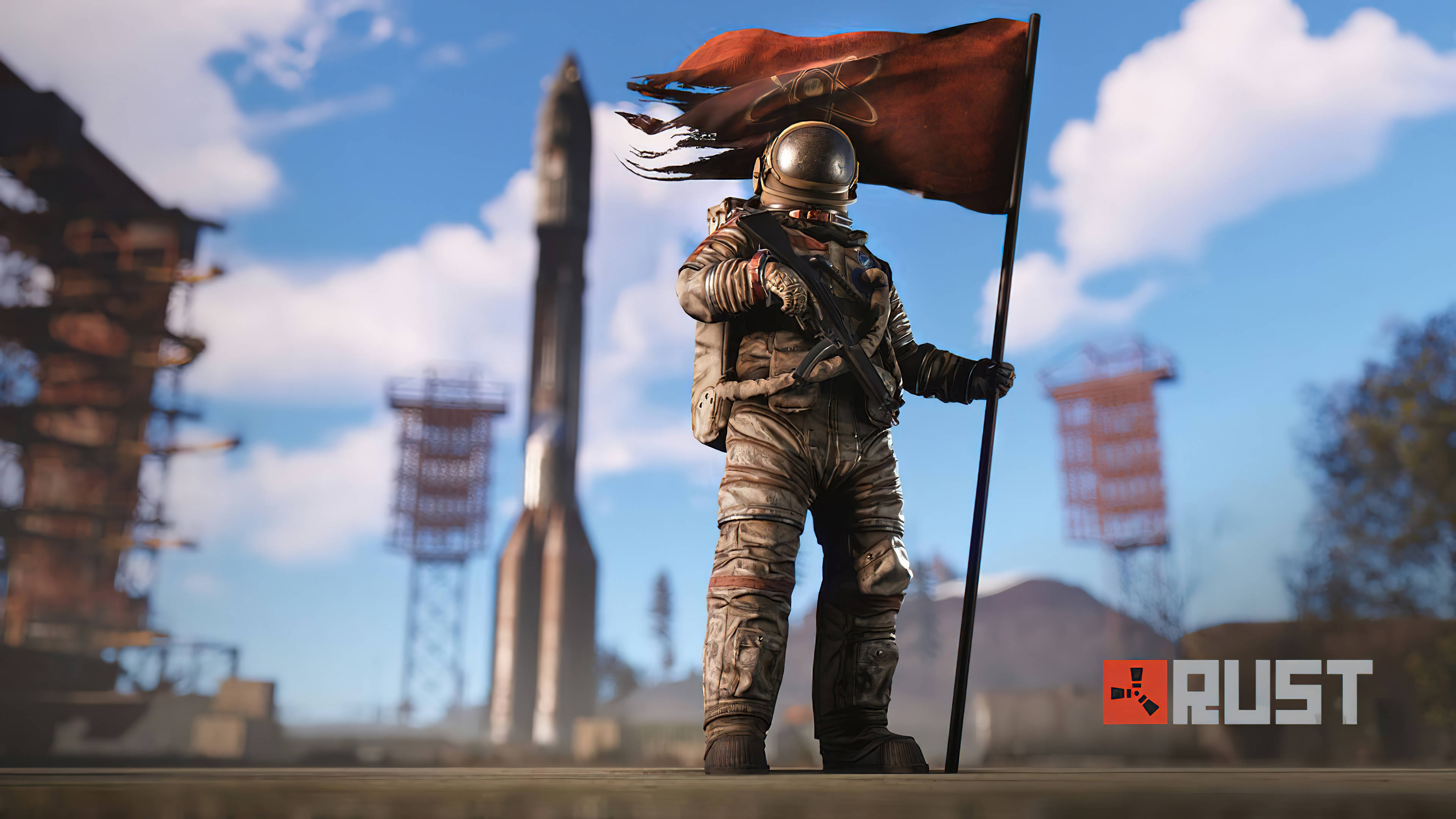Rust Space Suit, weathered survival suit, tattered red flag, 4K Desktop Wallpaper