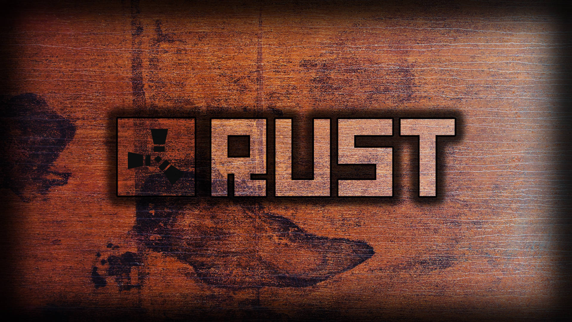 RUST, radioactive symbol, weathered wooden surface, Full HD Desktop Wallpaper
