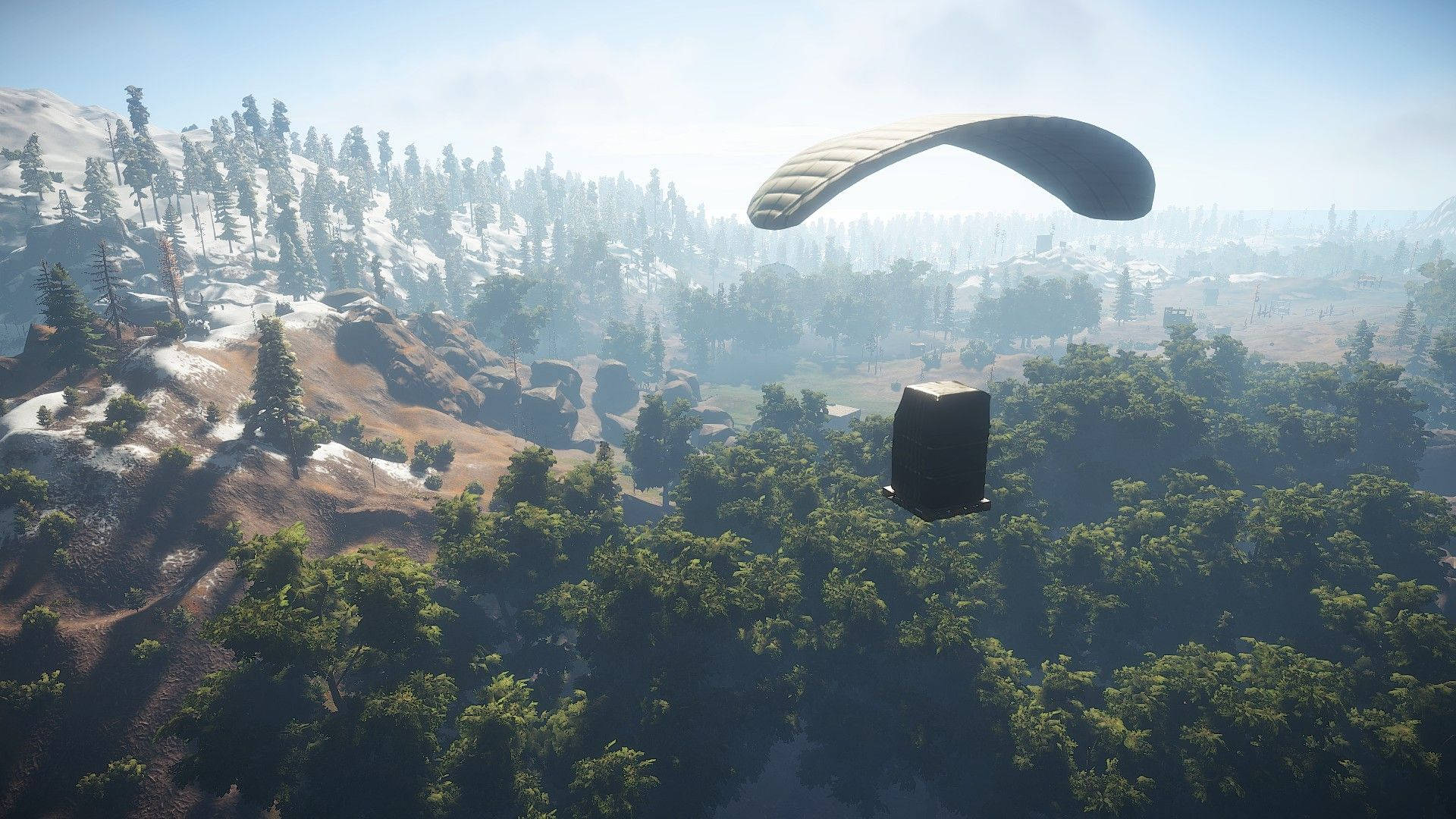 Rust, paraglider, misty forested valley, Full HD Desktop Wallpaper