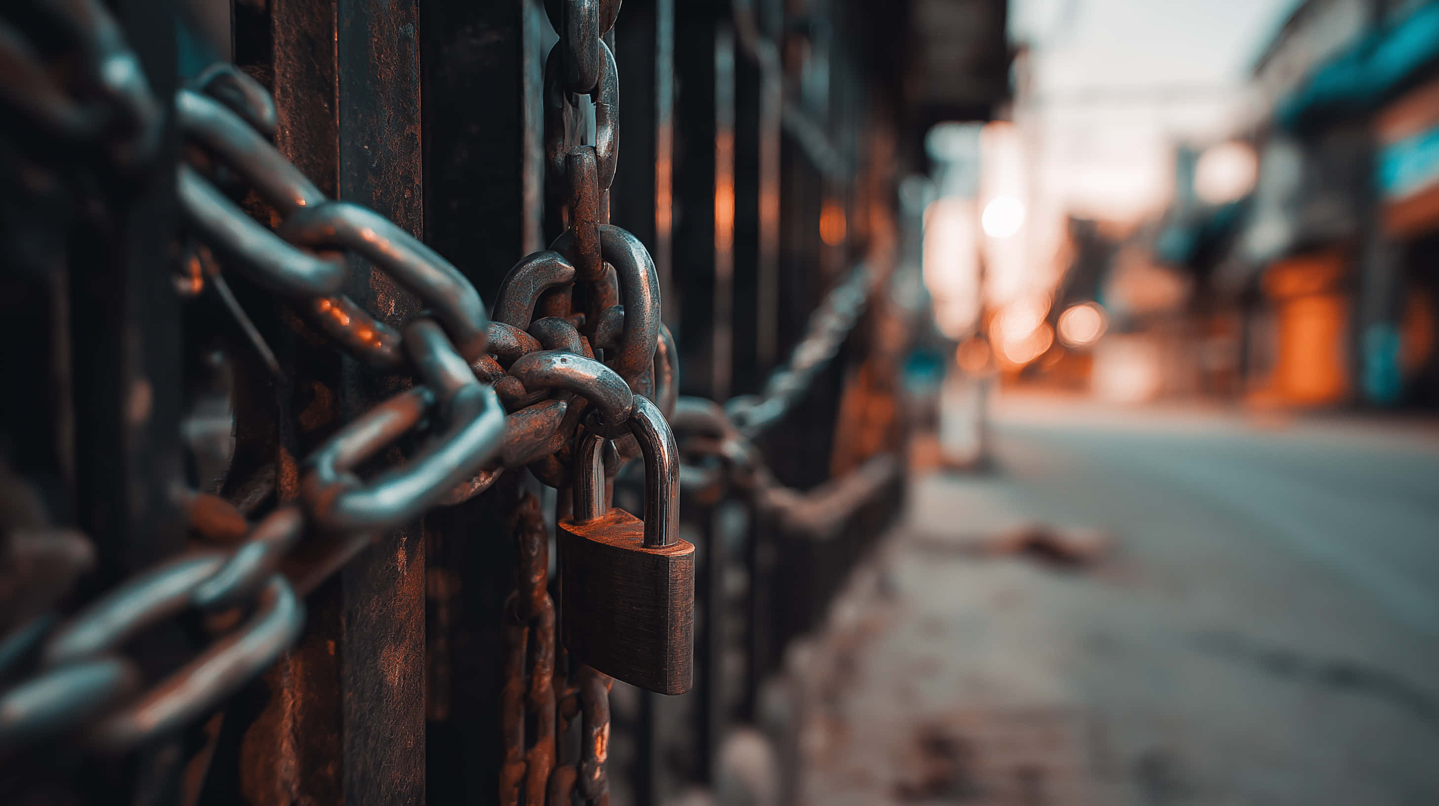 rusty industrial gate, chain with padlock, metal gate, 2K Desktop Wallpaper
