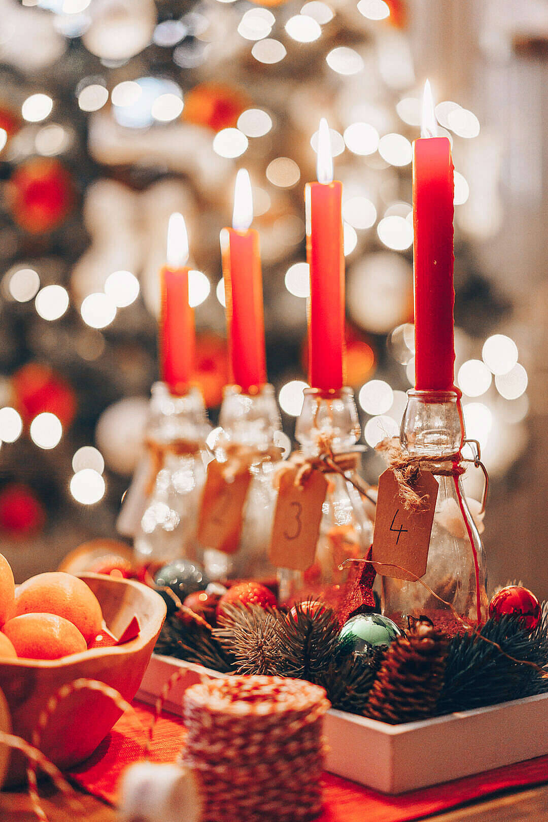 rustic christmas candles, red candles, glass bottles, HD Phone Wallpaper