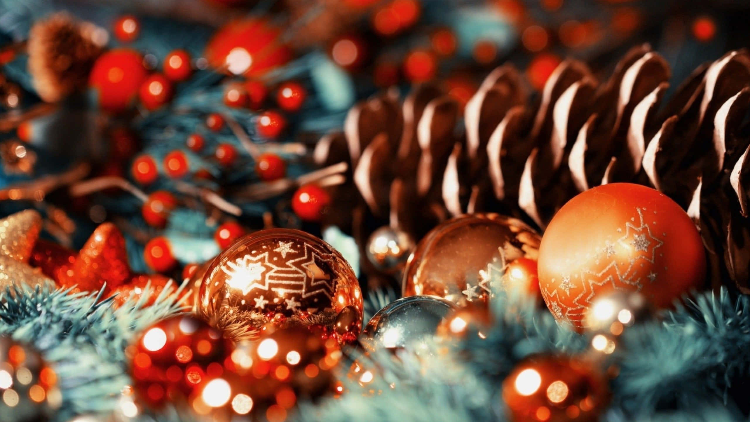 1920x1080 HD Christmas, red and gold ornaments, pinecones, 2K Desktop Wallpaper