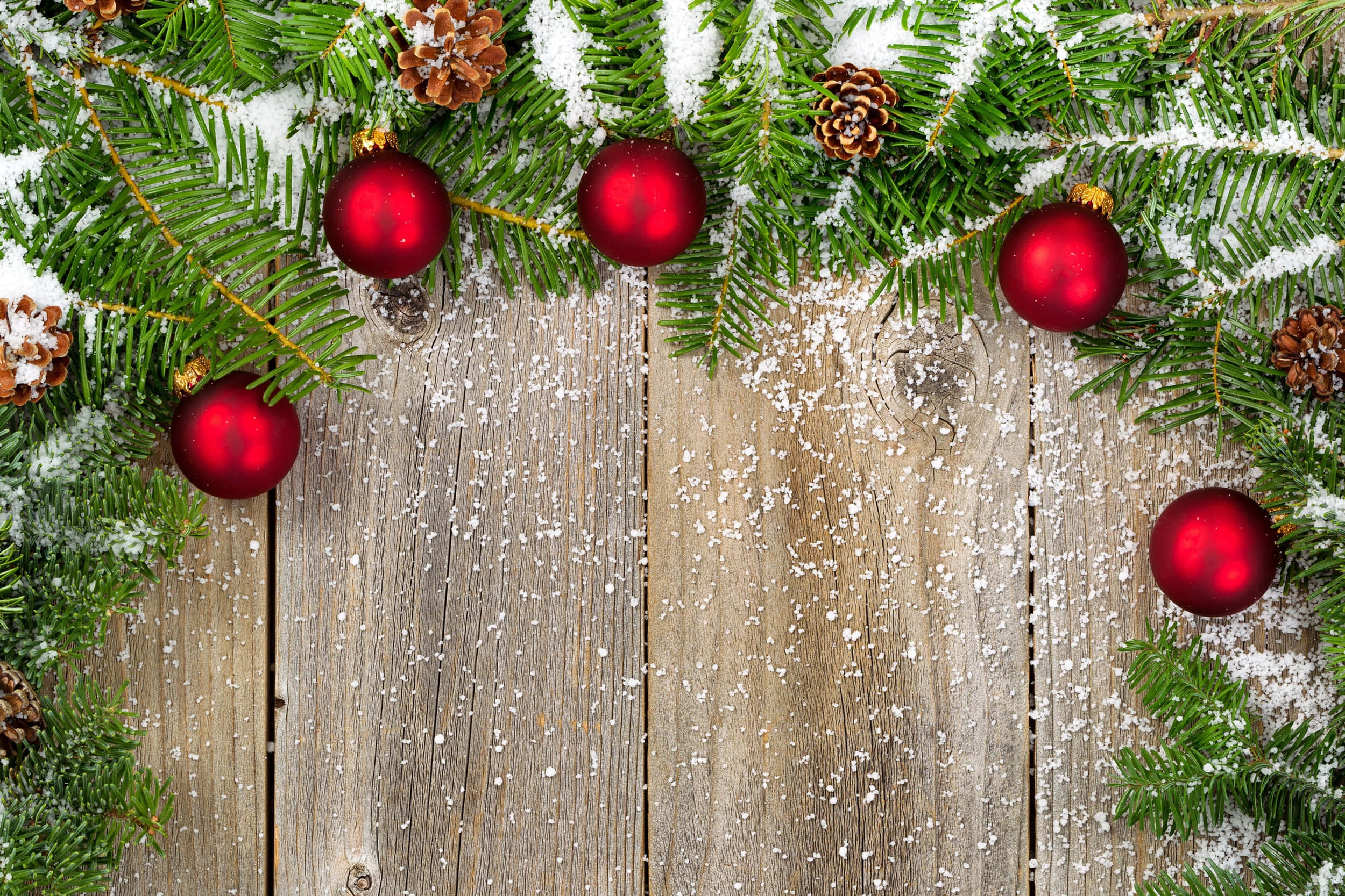 Farmhouse Christmas, red baubles, snow-dusted evergreen branches, Full HD Desktop Wallpaper