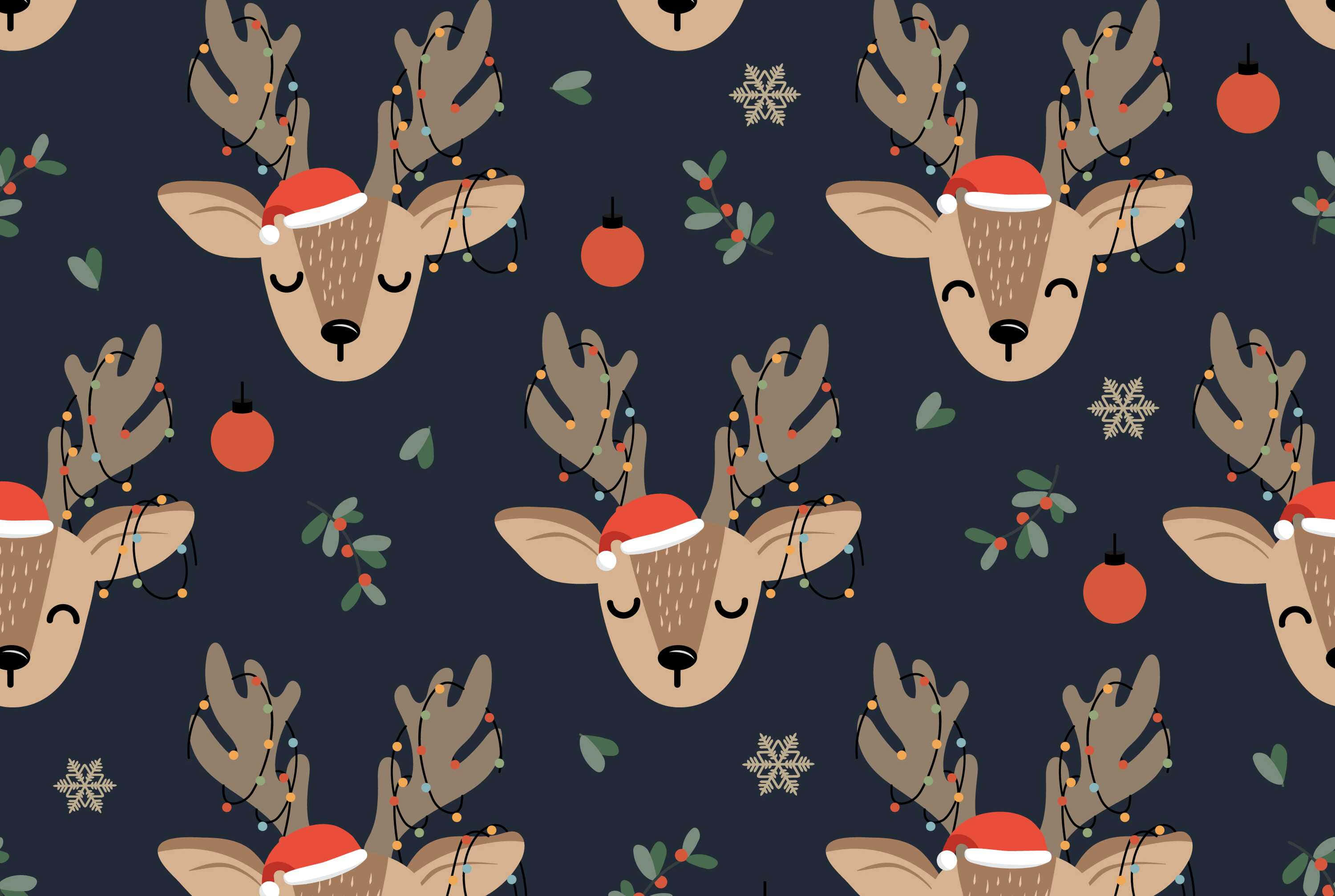 Vintage Christmas, cartoon reindeer, Santa hats, 2K Desktop Wallpaper