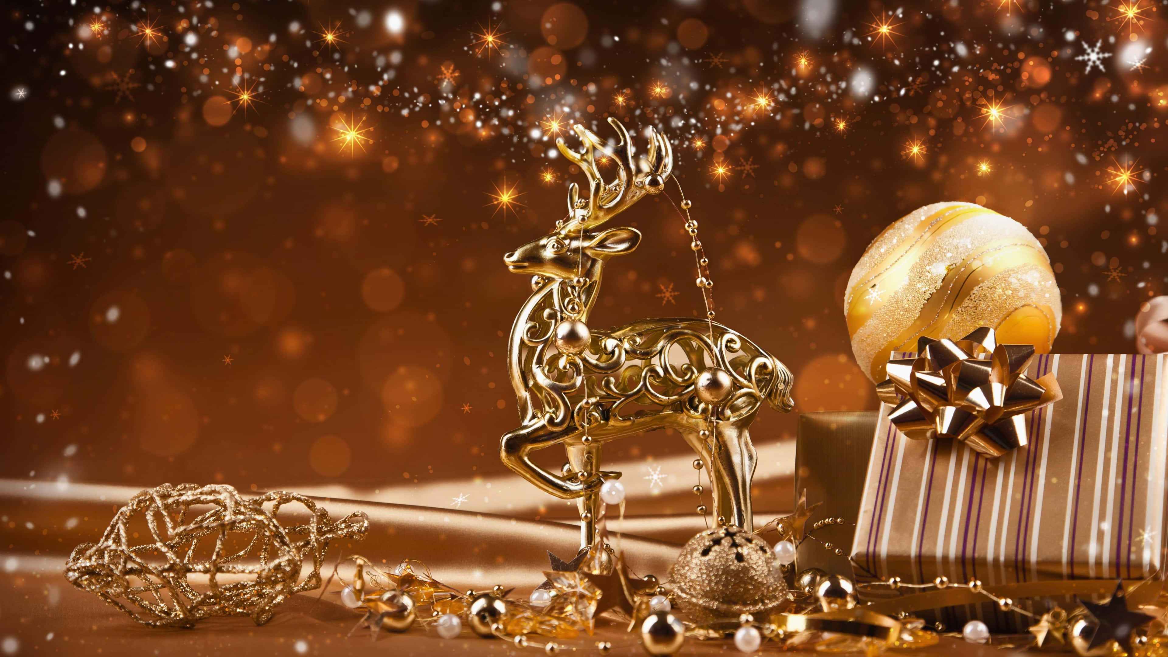 Gold Christmas Decorations, golden reindeer ornament, striped gift box, 4K Desktop Wallpaper