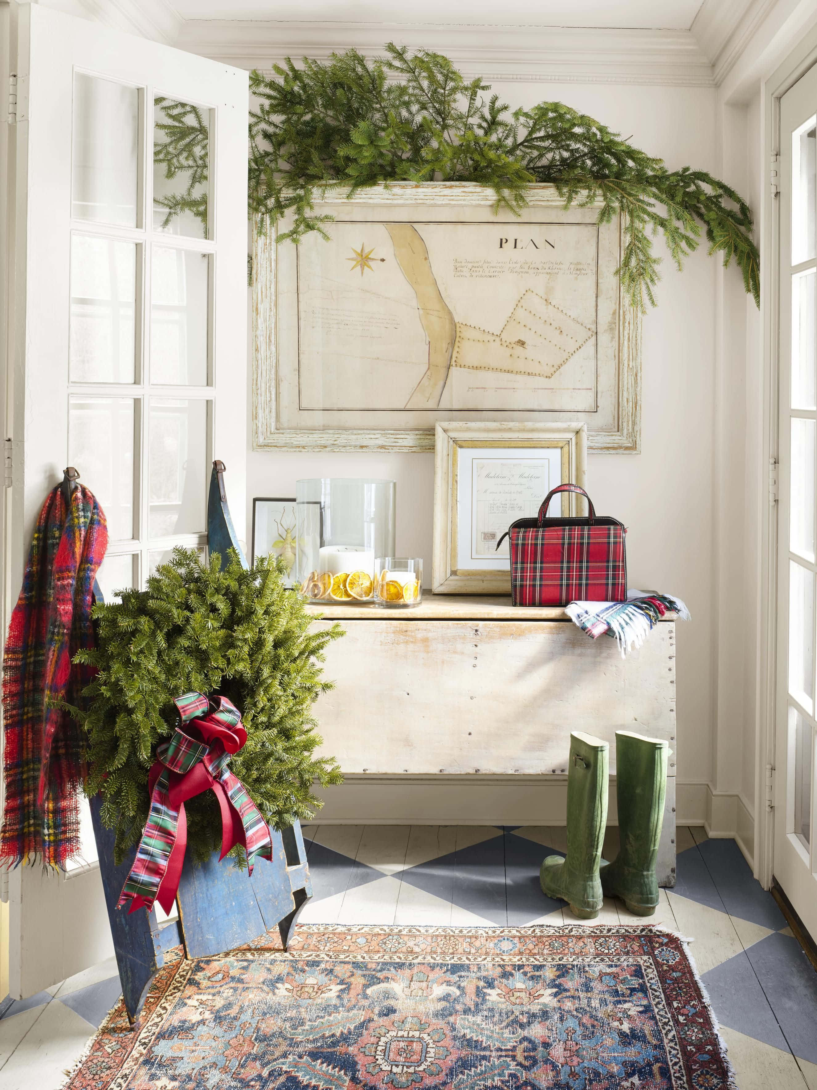 Farmhouse Christmas, evergreen garlands, plaid scarves, 2K Phone Wallpaper