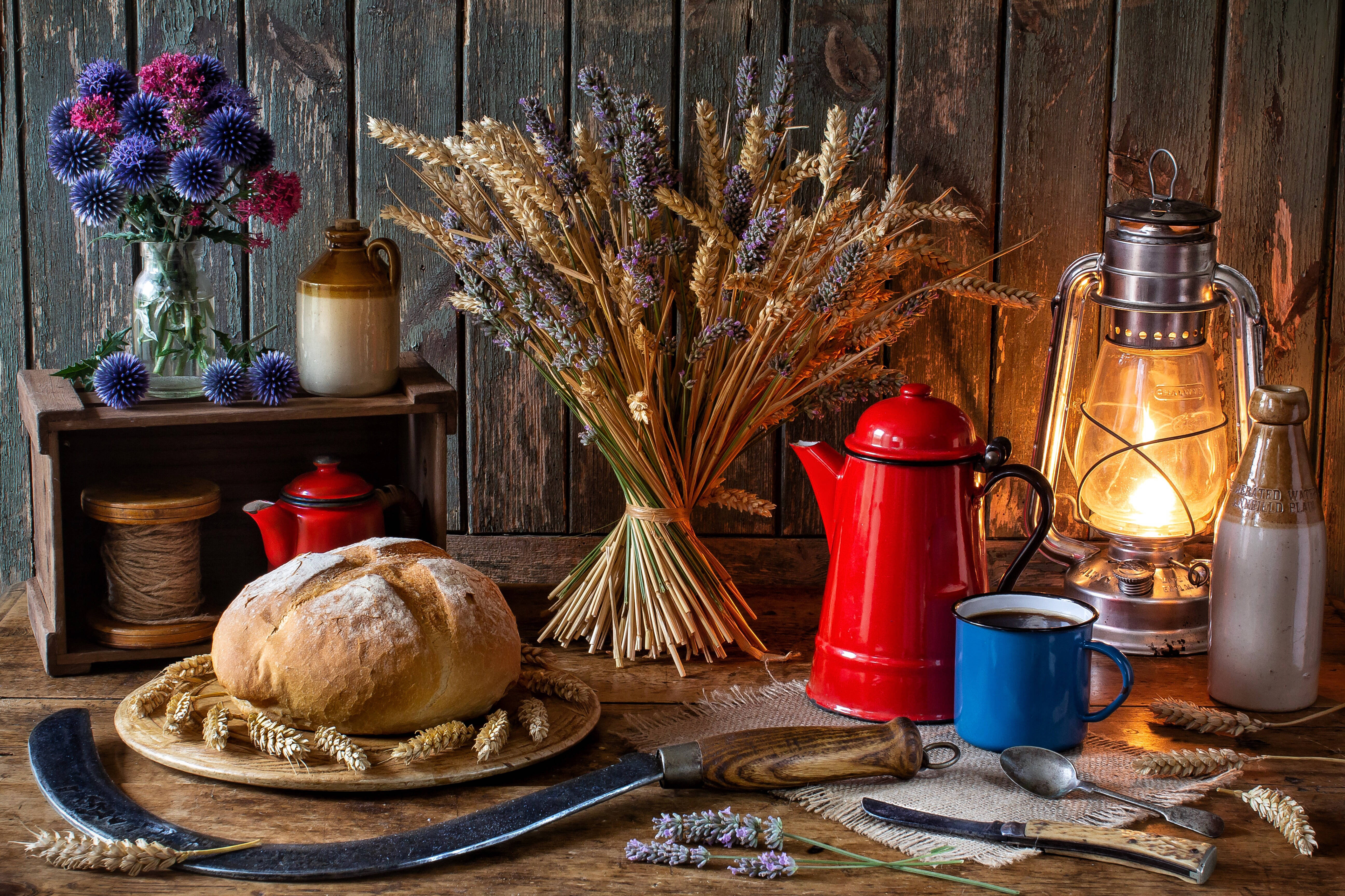 rustic fall table setup, rustic wooden table, loaf of bread, 5K Desktop Wallpaper