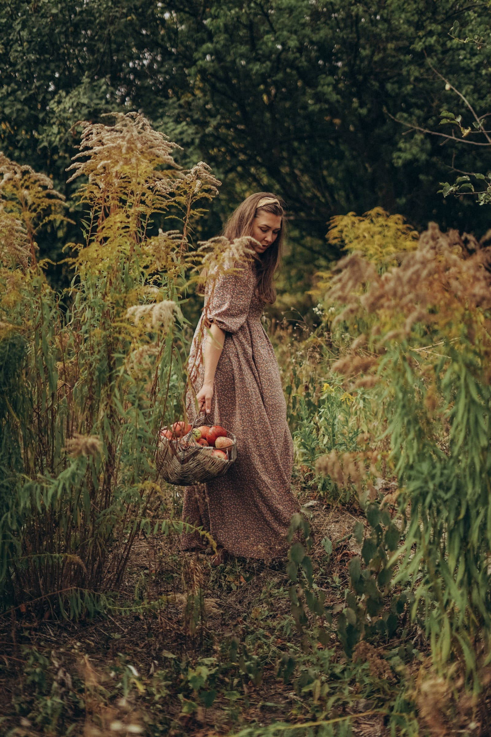 woman, brown dress, autumn grass, Full HD Phone Wallpaper