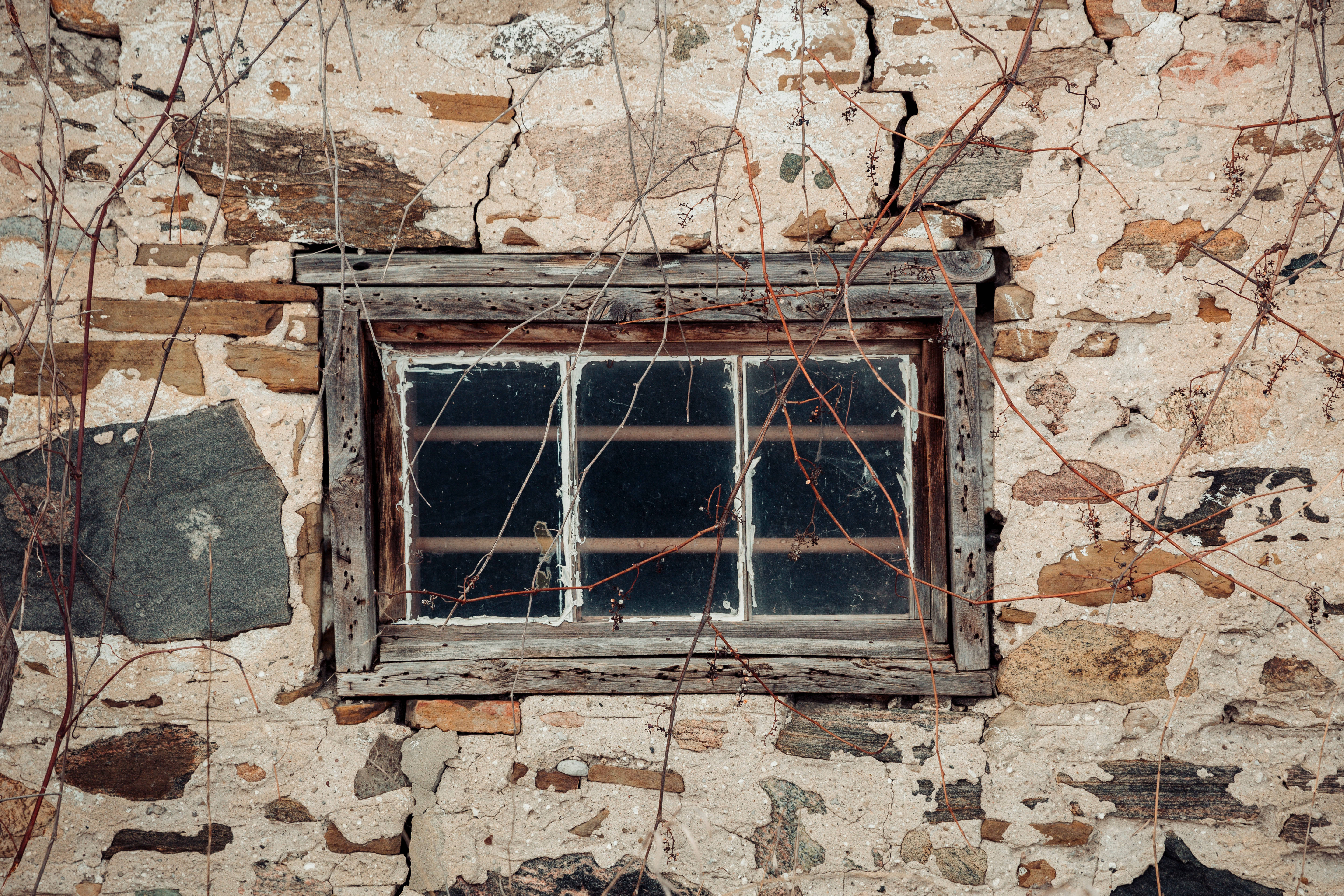rustic fall, stone wall, old weathered window, 5K Desktop Wallpaper