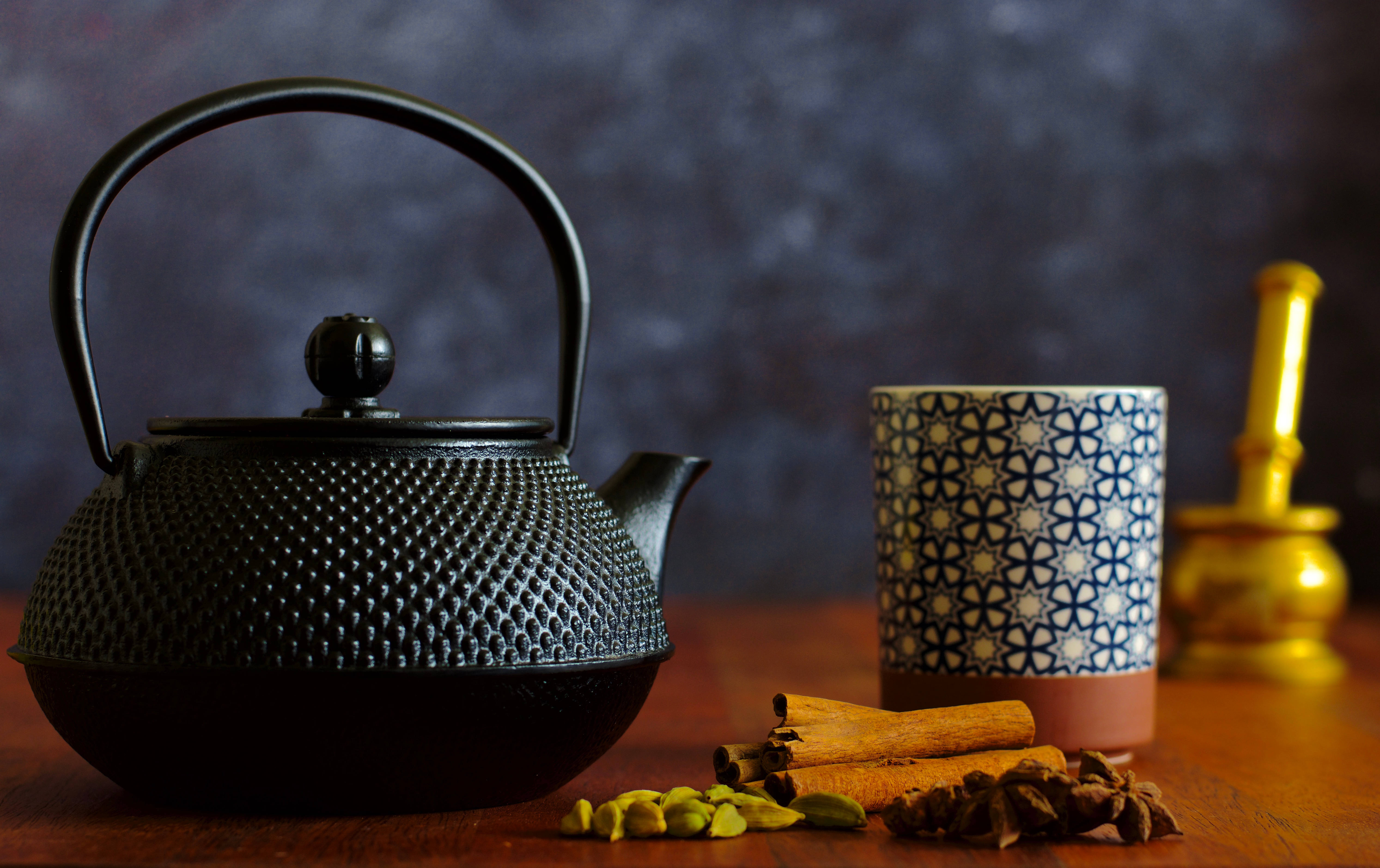 tea, rustic fall, black textured teapot, 5K Desktop Wallpaper