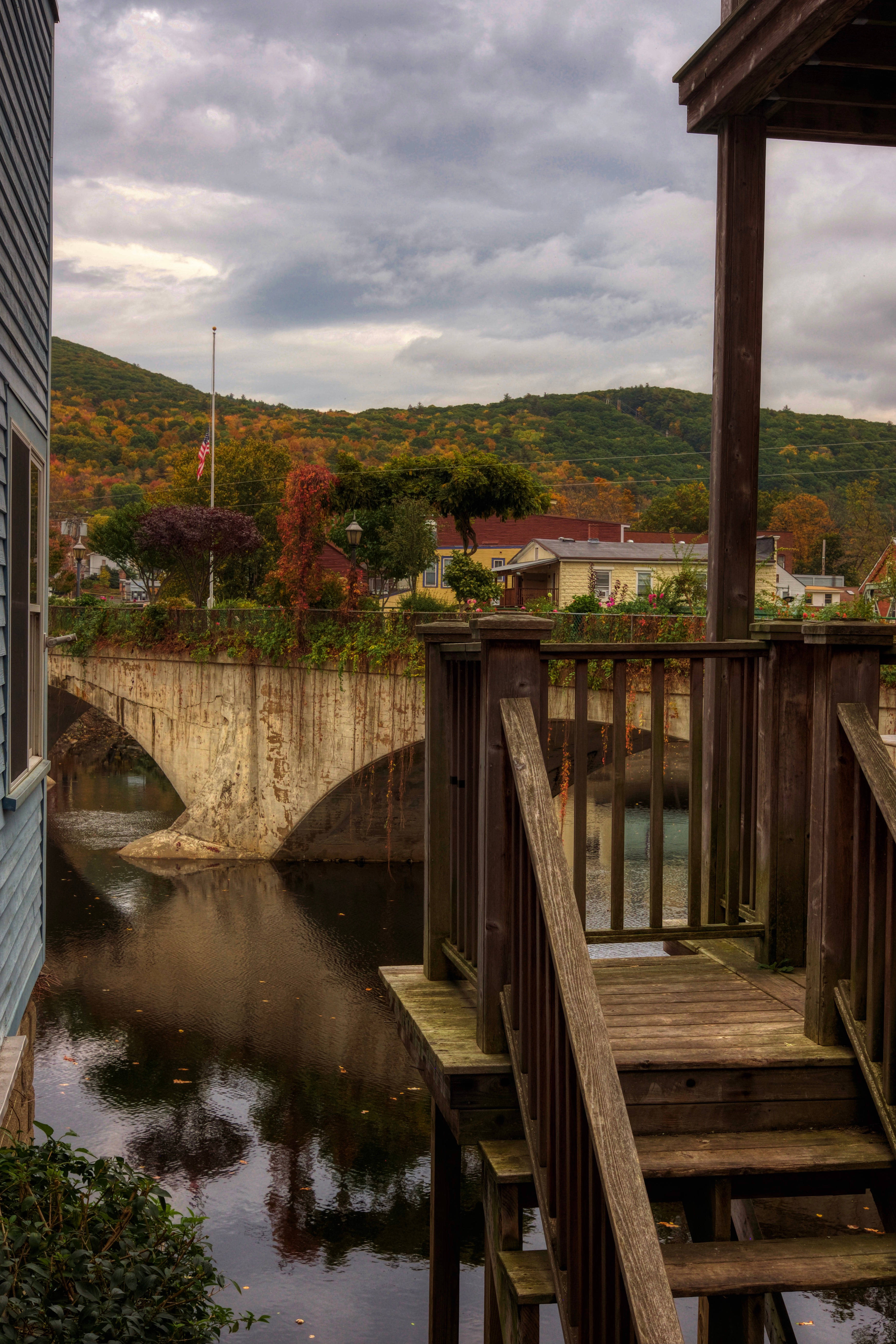 Rustic Fall, wooden deck, stone bridge, 5K Phone Wallpaper
