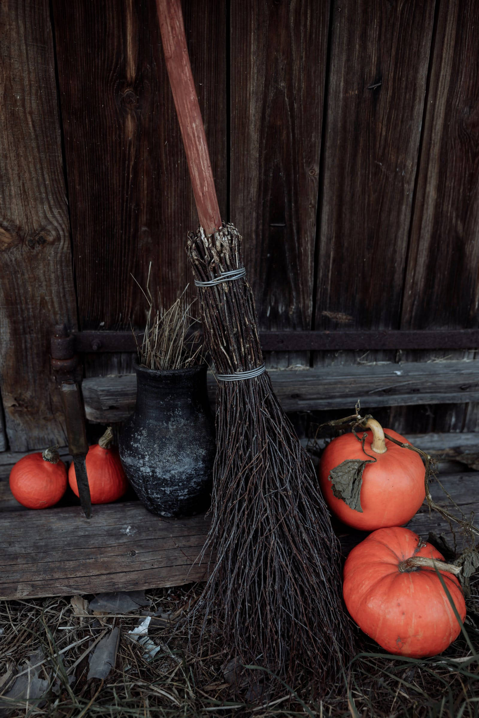 Rustic Fall Broomstick, orange pumpkins, black jug, Full HD Phone Wallpaper