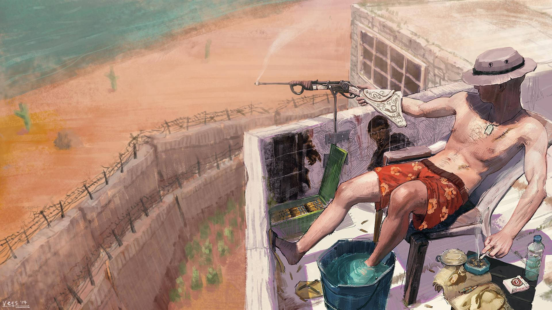 Rust Base Art, rooftop chair, desert landscape, Full HD Desktop Wallpaper