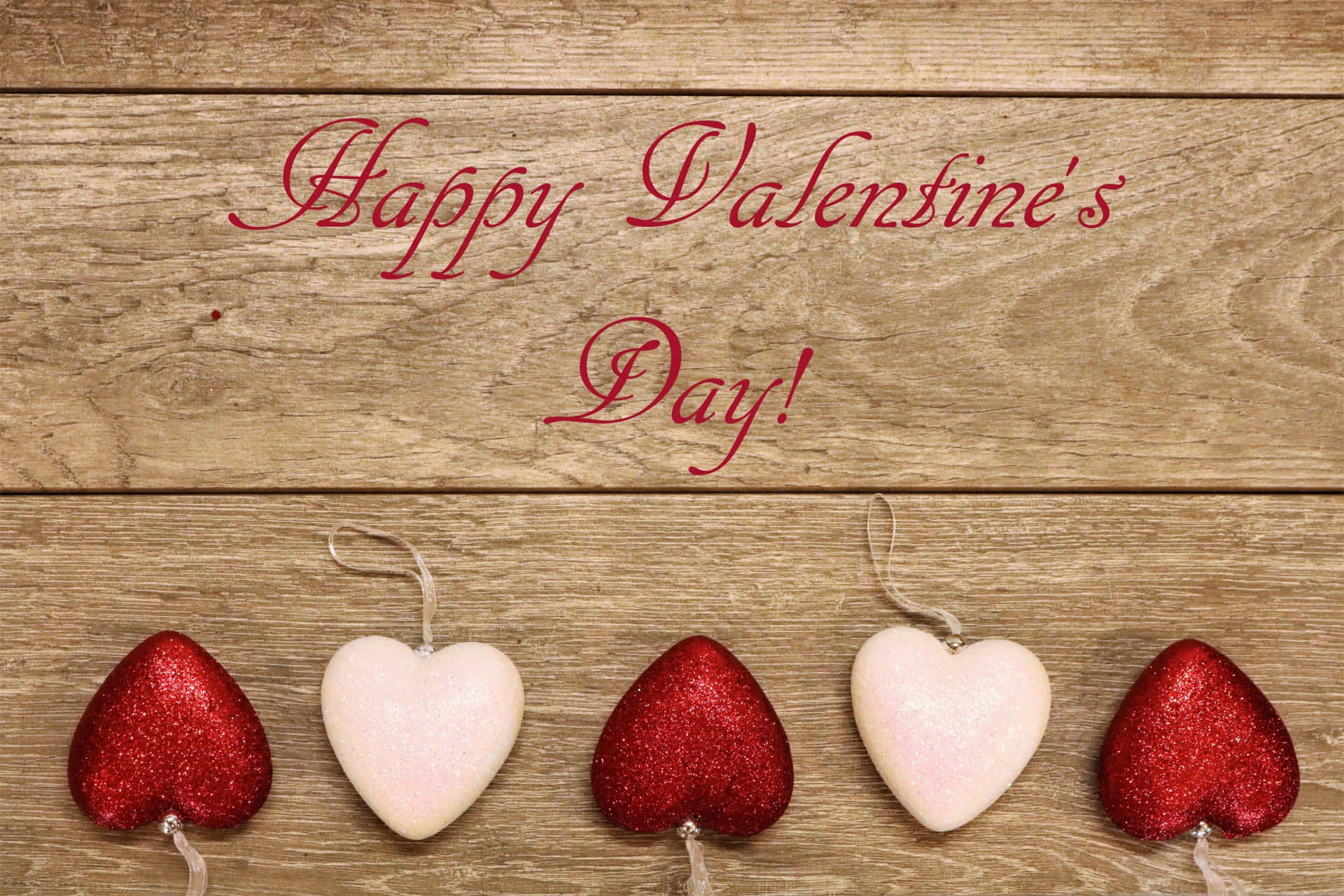 Rustic Valentine Day, red and white heart ornaments, rustic wooden background, Full HD Desktop Wallpaper