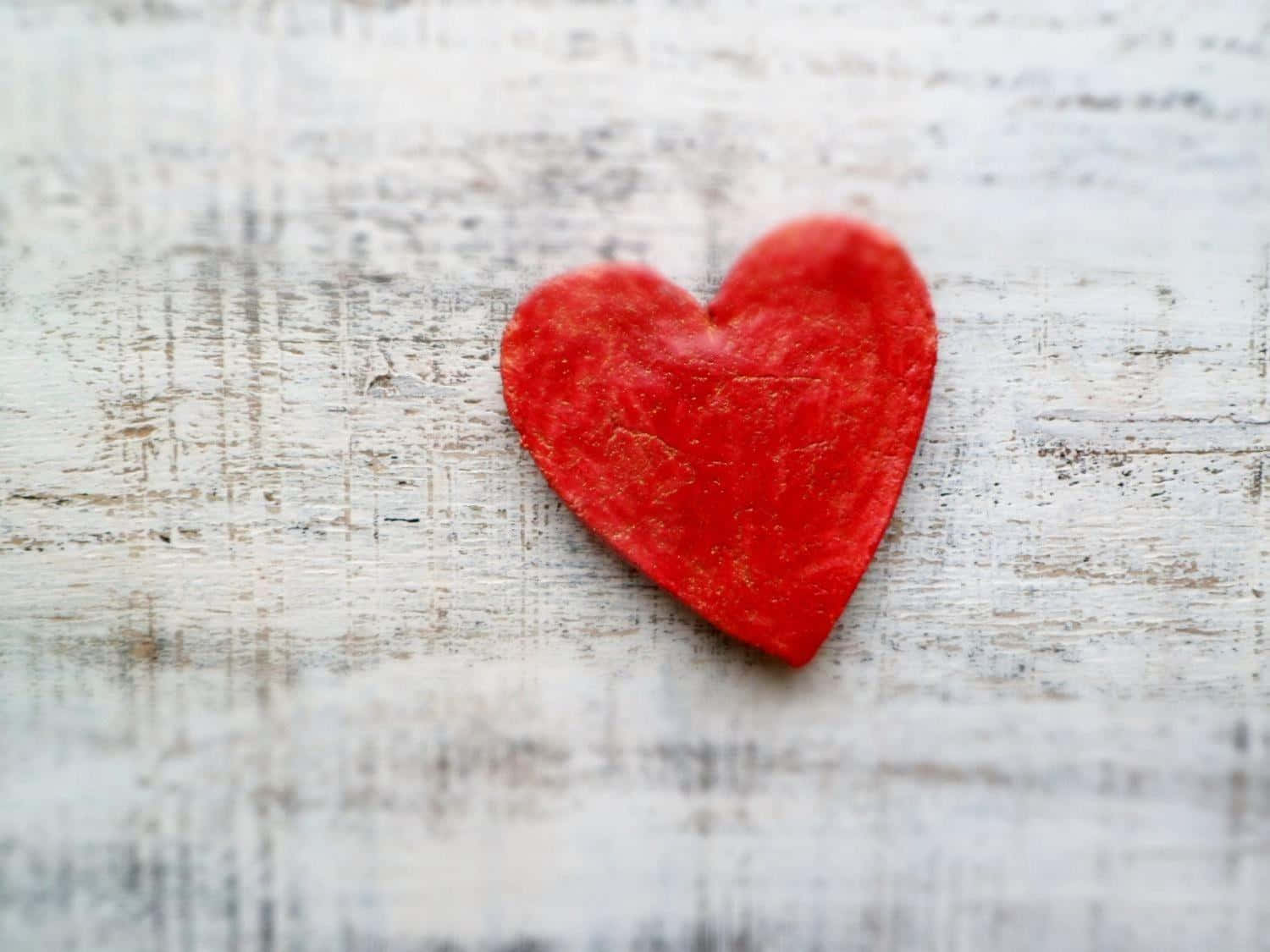 Rustic Valentine Day, vibrant red felt heart, weathered white wooden surface, HD Desktop Wallpaper
