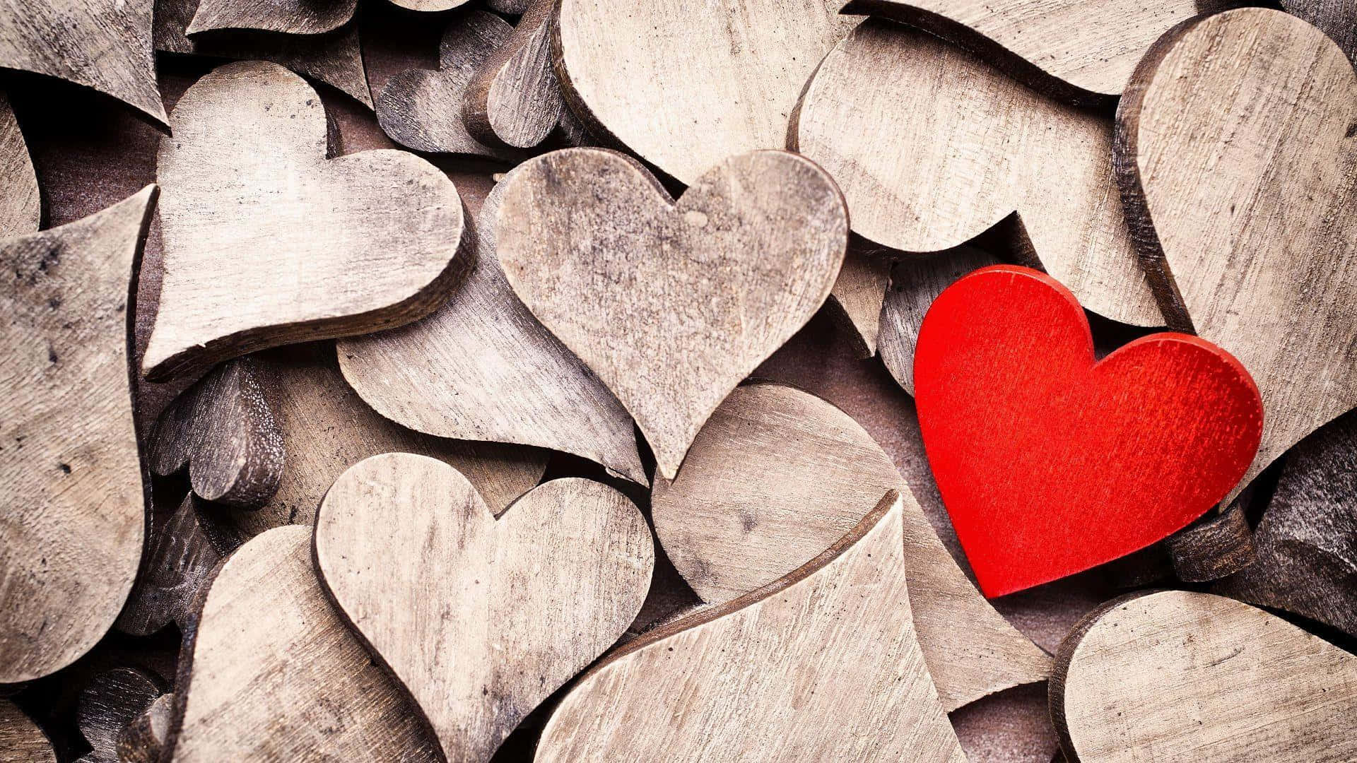 red heart, wooden hearts, muted gray wooden hearts, Full HD Desktop Wallpaper