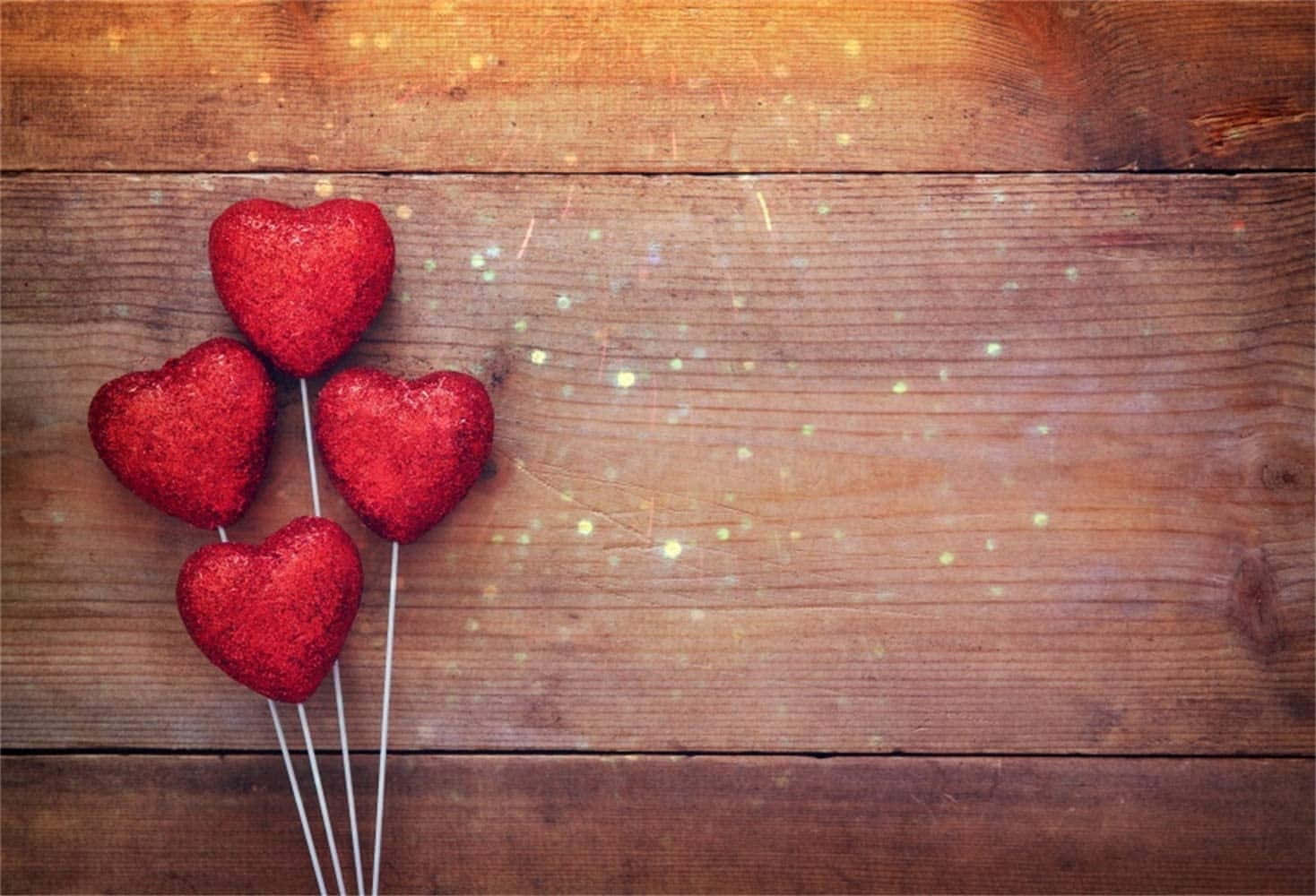 rustic wooden surface, glittery red heart-shaped balloons, golden sparkles, HD Desktop Wallpaper