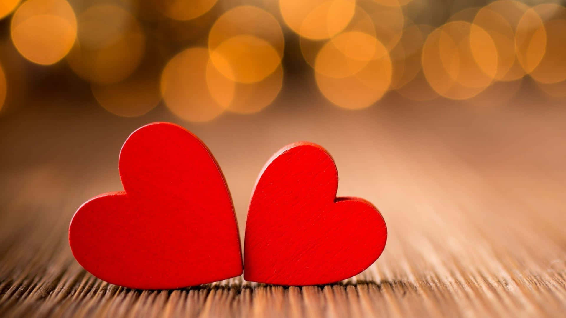 red wooden hearts, textured wooden surface, warm golden bokeh background, Full HD Desktop Wallpaper