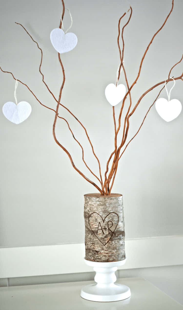 rustic birch bark vase, engraved heart and initials, bare branches, SD Phone Wallpaper