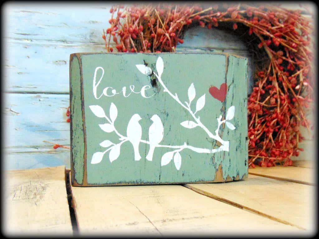 Rustic Valentine Day, weathered green wooden block, white birds on a branch, SD Desktop Wallpaper