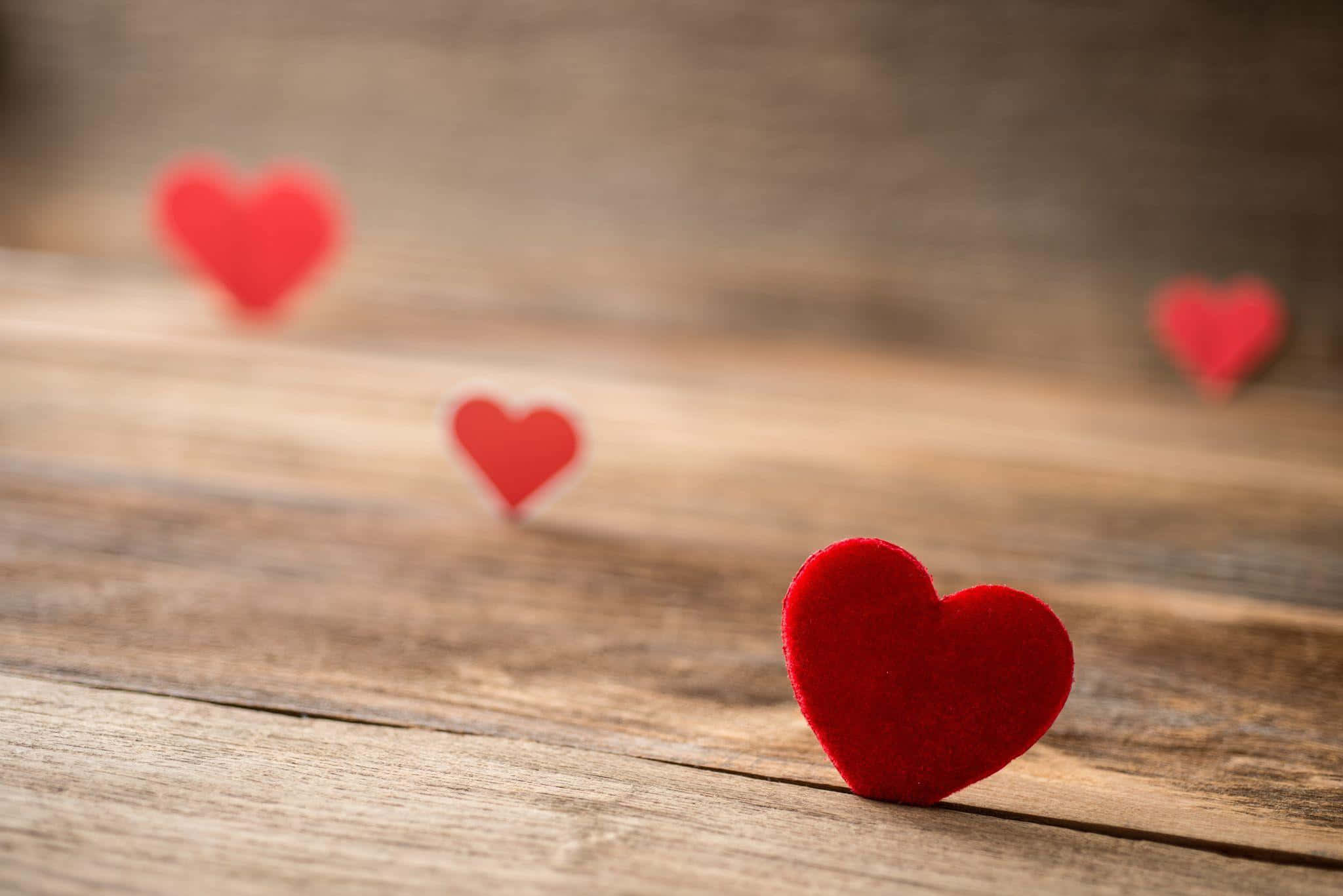 red felt heart, rustic wooden surface, blurred hearts, Full HD Desktop Wallpaper
